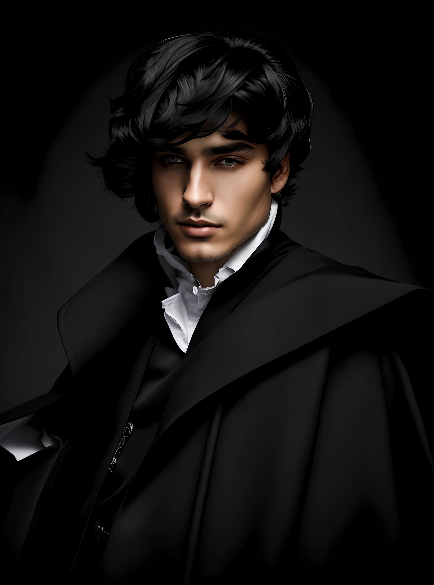 A man with black hair in a black coat and white shirt, Benign person, Attractive benign humanoids, delicate androgynous prince,  Editorial portrait, Cool guy, Camera front,  Wearing a black cloak, high quality portrait