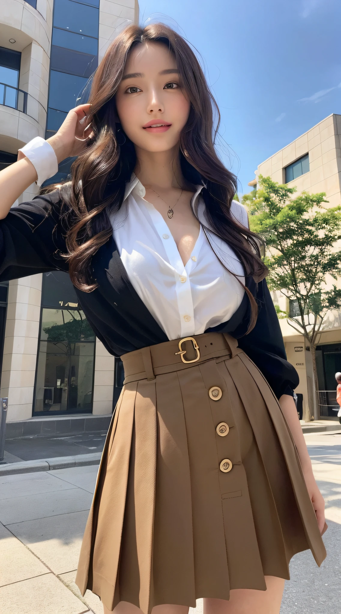 (best qualtiy,A high resolution,tmasterpiece:1.3),A tall and beautiful woman,Slender abs,Dark brown hair in loose wavy styling,nedium breasts,white button-down blouse,a black pleated skirt,(Modern architecture in background),The details in the facial and skin textures are beautifully rendered,Detailed eyes,二重まぶた,Natural eyes,ssmile