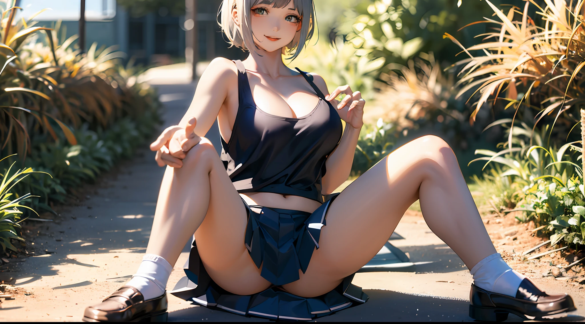 1 beautiful tomboy girl with small breast short hair Ted white hair, black tank top black short skirt black cap black stocking white shoes,happy smile,full body,hand raised, legs open,sit pose,looking to camera