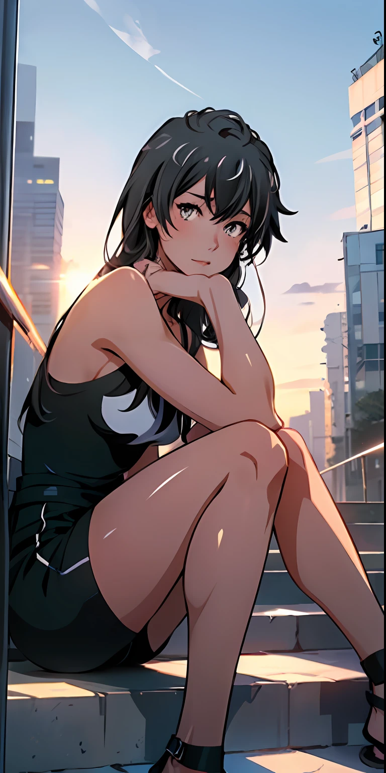 a masterpiece of、Top image quality、1girl、Beautiful woman sitting on the stairs、legs slightly open、Detailed facial expressions、Detailed eye、Detailed nose、Detailed lips、hugetits、Female proportions considered everywhere、Skyscraper District、Sunset between buildings、emphasis on beautiful legs、from side, (make her yukino yukinoshita:1.5)