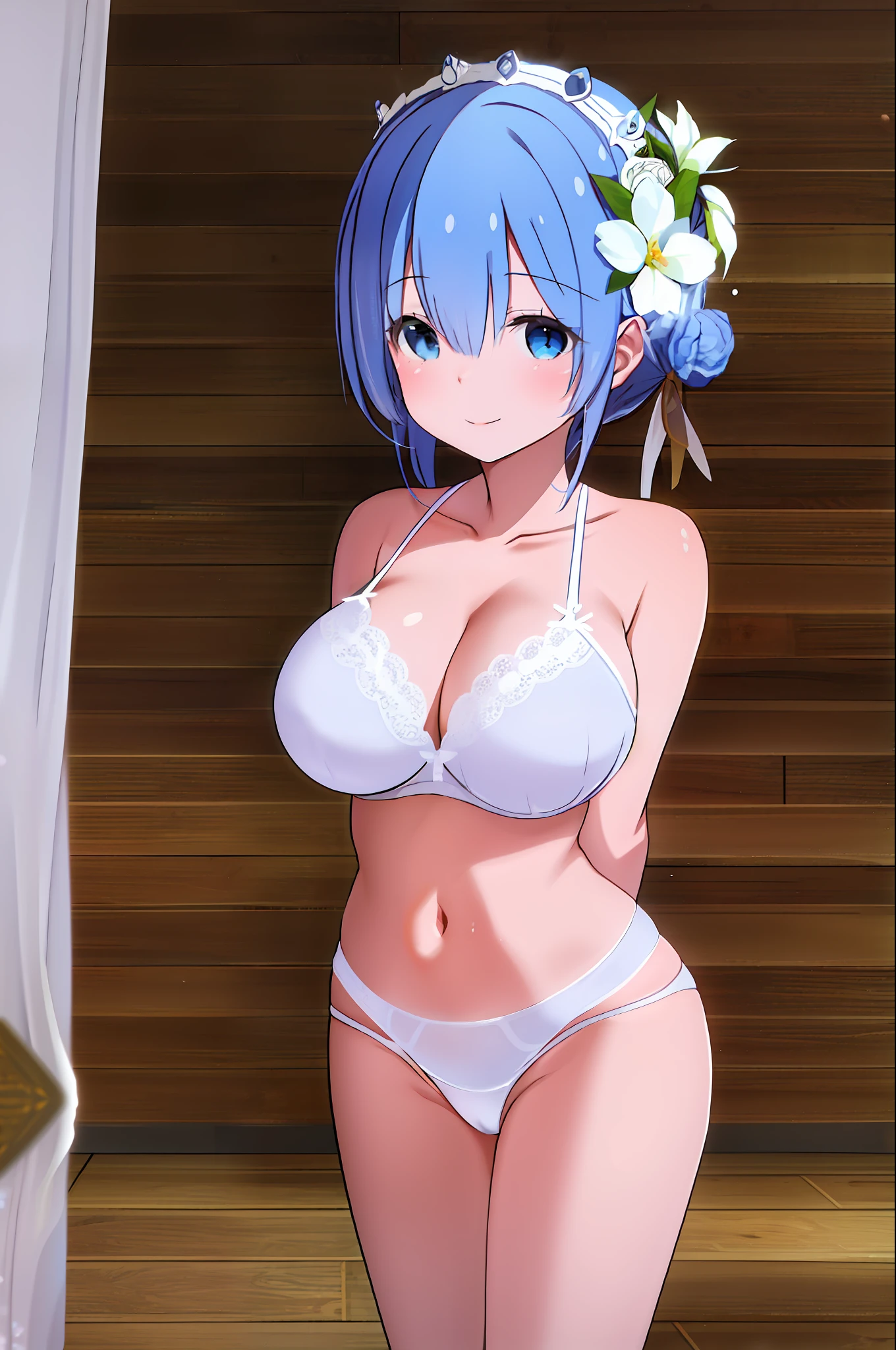 ganyu_genshin, 1 girl,(smile), (upper body:1.2), (standing),solo,(1 girl in the photo:1.5),(alone:1.5),(looking at viewer:1.4),(arms behind back:1.5),(cow horn head ornament),blue hair,beautiful detailed purple eyes,(huge breasts), (white bra:1.5),(white thong:1.5),(bare arms:1.5),(bare legs:1.5),white high heels,(from below:1.2),outdoors,park,lawn,station,flowers,