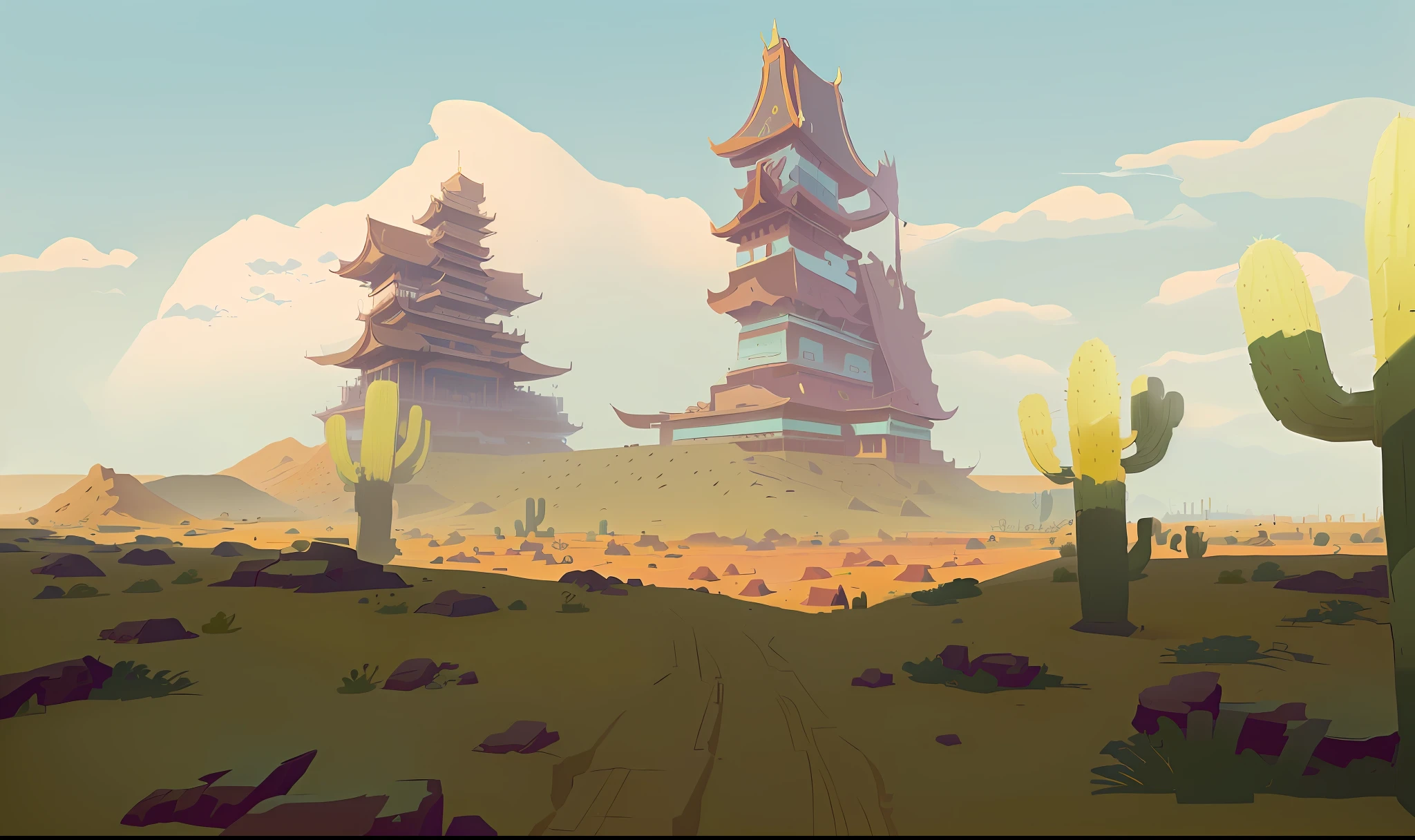 cartoon illustration of a desert with a pagoda and cactus trees, background art, painted as a game concept art, background artwork, indie game concept art, stylized concept art, 2 d game environment design, scenery game concept art, stylized game art, very coherent stylized artwork, anime landscape, concept art for a video game, digital painting of a pagoda