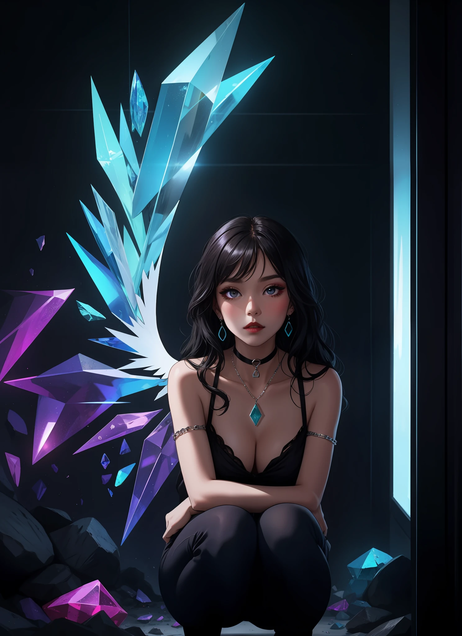 Model: long wavy black hair, full dark lips, Smoky eyes, BREAK, Setting: Room with black light, Broken glass, Spectrum Crystals reflect the spectrum, neon lights, BREAK, bodypaint: Polychromatic geometric patterns, Torso cover, Arms and legs, BREAK, Accessories: Chrome-plated torn body chains, Silver Choker, black feathered white black wings, BREAK, the pose: crouching, The head is tilted upwards, looking forward.