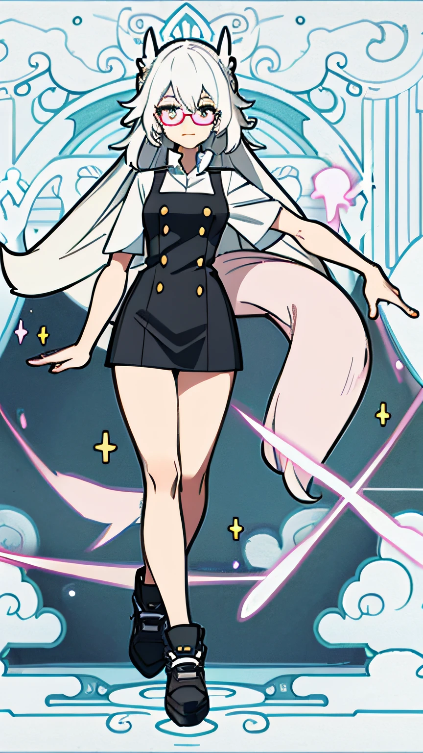 Anime girl with white hair and pink glasses holding pink logo, full body commission for, anime full body illustration, Full body illustration, official character illustration, !!Full body portrait!!, Single character full body, full body adoptable, full-body view, female human body whole body, full body portrait of a short!, full body detailing, official character art, full body single character