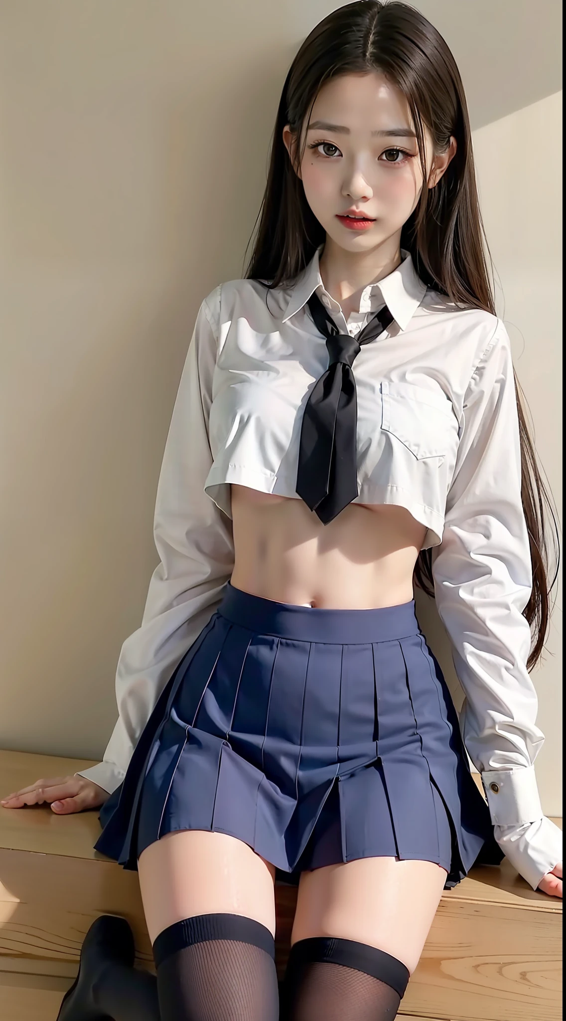 top-quality、masterpiece、1 little girl、A slender、length hair、small tits、Summer uniform、hyperdetailed face、Detailed eye、二重まぶた、pleatedskirt、knee high socks、full bodyesbian、without background、Beautiful abs、a navel