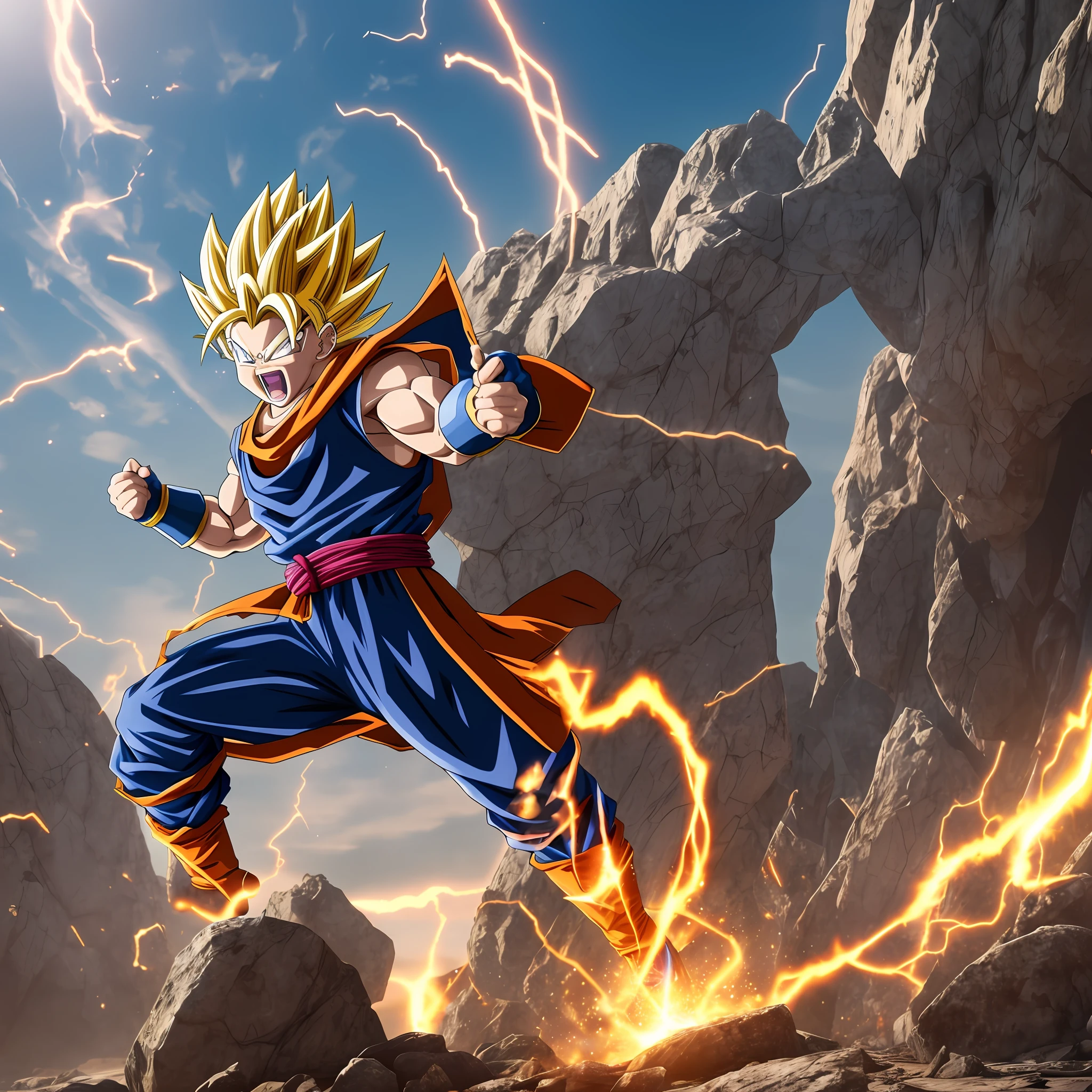 "Personagem perfeito dragon ball 4k, melhor qualidade. lutando, voando, super energia 2.0 3D realidade aumentada, alta qualidade detalhes (higth) (2,4) energia poderosa, voando emitindo energia."