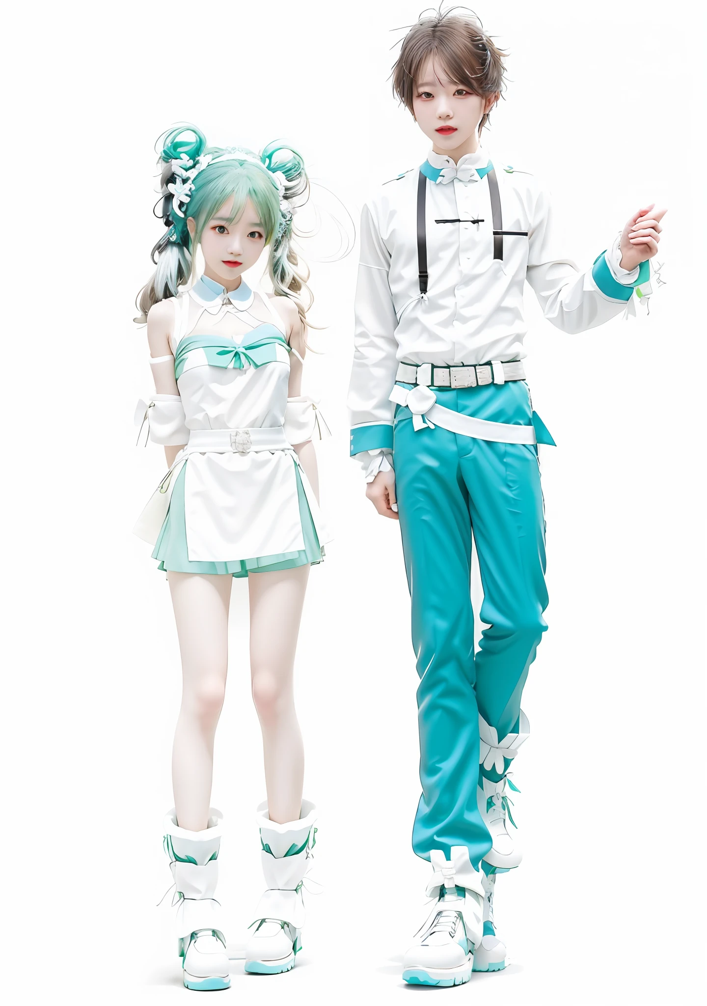Anime couple in white and green costumes standing side by side, vocaloid, white cyan, mikudayo, white and teal garment, !!Full body portrait!!, full_Body!!,very modern anime style, humanized, twintails white_mitts，surrealism, shadowing, stereograms, tachi-e, angle of view, Atmospheric perspective, 8K, Super detail, ccurate, Best quality, High details, Super detail, ccurate, hyper HD, retinas, Masterpiece, Best quality, High quality, Super detail, 8K