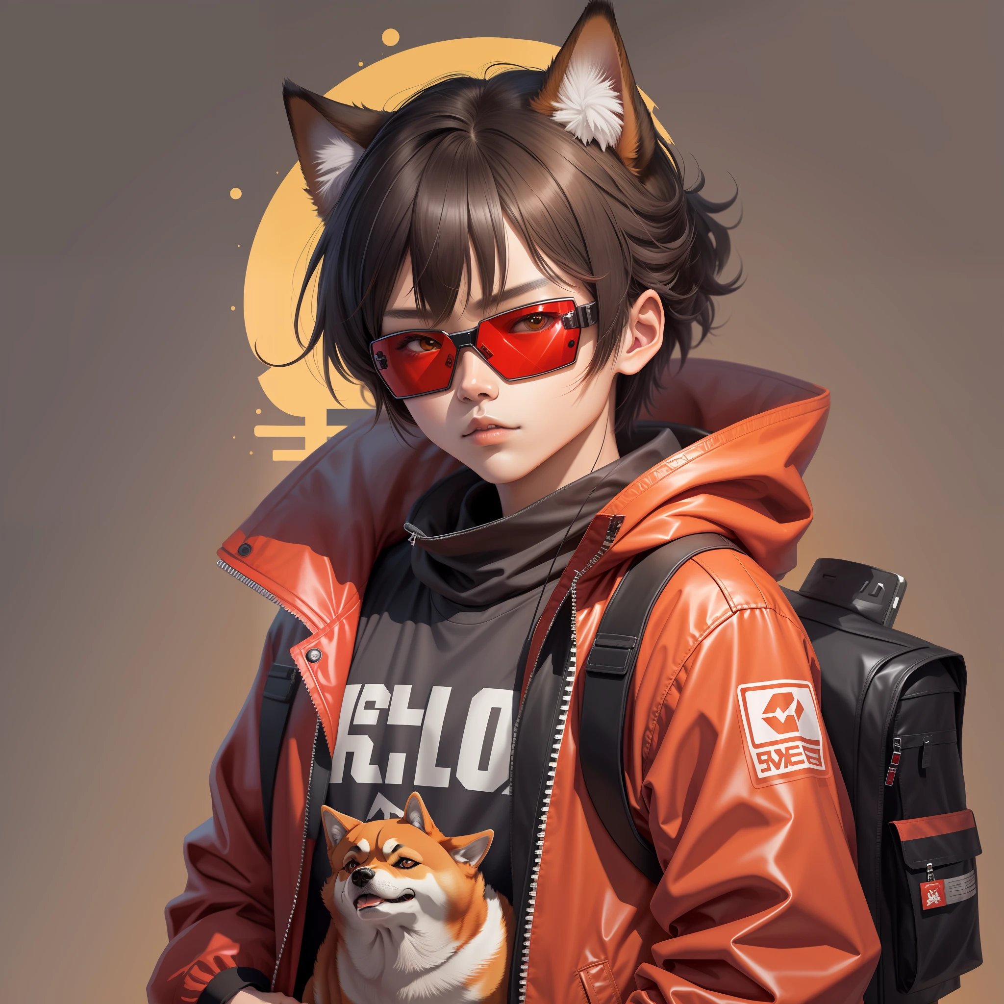 Shiba Inu as a Human Character, wearing red jacket, Digital Sci-Fi Goggles, with streetwear fashion, Pixiv, award winner, Anime, Vector, Flat Color