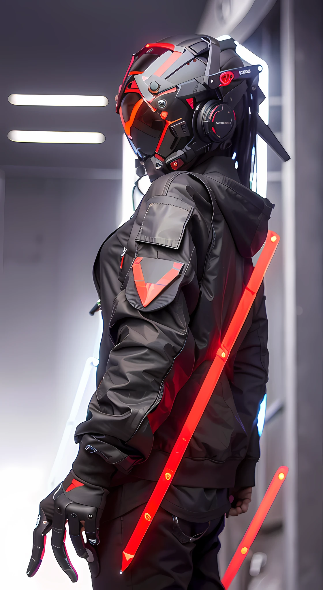 Masterpiece, best quality, a close-up of a futuristic-looking cyborg girl with a fantastic cyberhelmet head with red triangular LED lights and a halo, dressed in a black Techwear jacket, full body white background