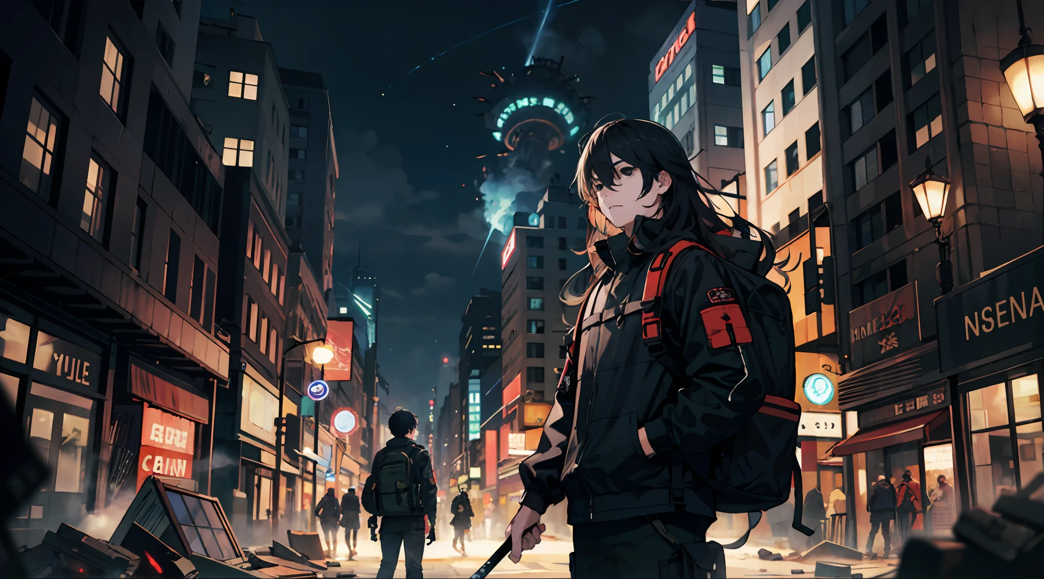 masterpiece, top quality, best quality, official art, beautiful and aesthetic:1.2), teen man, young man, man of 16, extreme detailed,(fractal art:1.3),colorful,highest detailed, black hair, long hair, wavy hair, black eyes, big city, destroyed city, zombies around, katana in hand, backpack, wind, protective clothing, apocalypse, zombie apocalypse, scratches on face