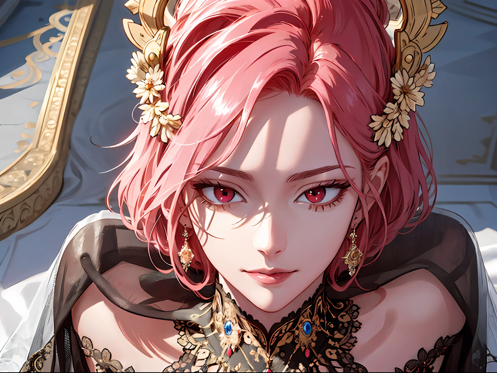 shoujo-style, (extremely delicate and beautiful:1.2), 8k,(masterpiece:1.0),(best_quality:1.0), 1girl, mature woman, complex details, enlarged textures, complex details, finely detailed eyes and detailed face, intricate details, (cleavage), royal dress, (closed mouth), perfect eyes, equal eyes, evil smile, (goddess), pink hair, red eyes