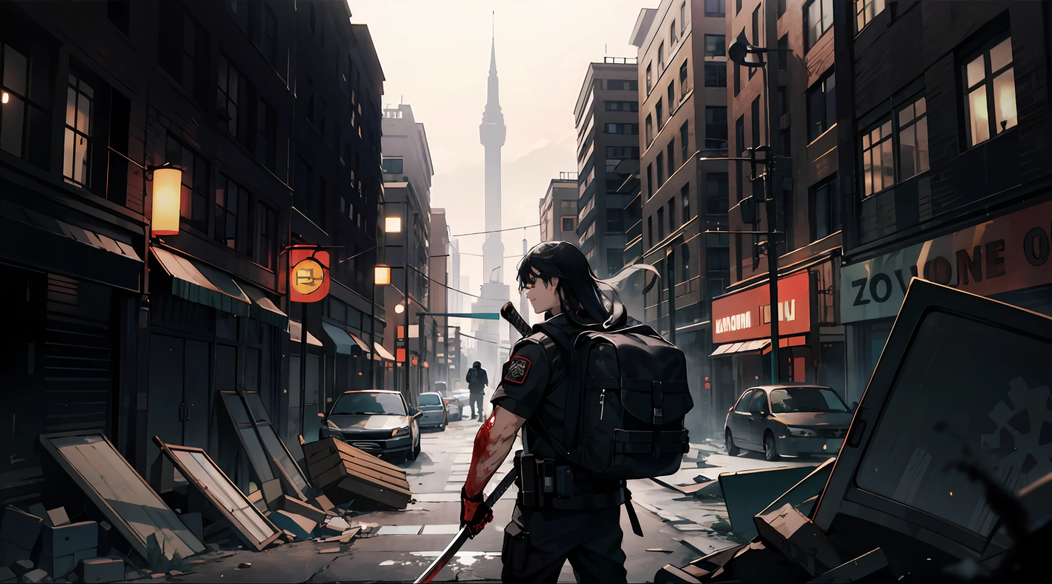 masterpiece, top quality, best quality, official art, beautiful and aesthetic:1.2), teen man, young man, man of 16, extreme detailed,(fractal art:1.3),colorful,highest detailed, black hair, long hair, wavy hair, black eyes, big city, destroyed city, zombies around, katana in hand, backpack, wind, protective clothing, apocalypse, zombie apocalypse, scratches on face