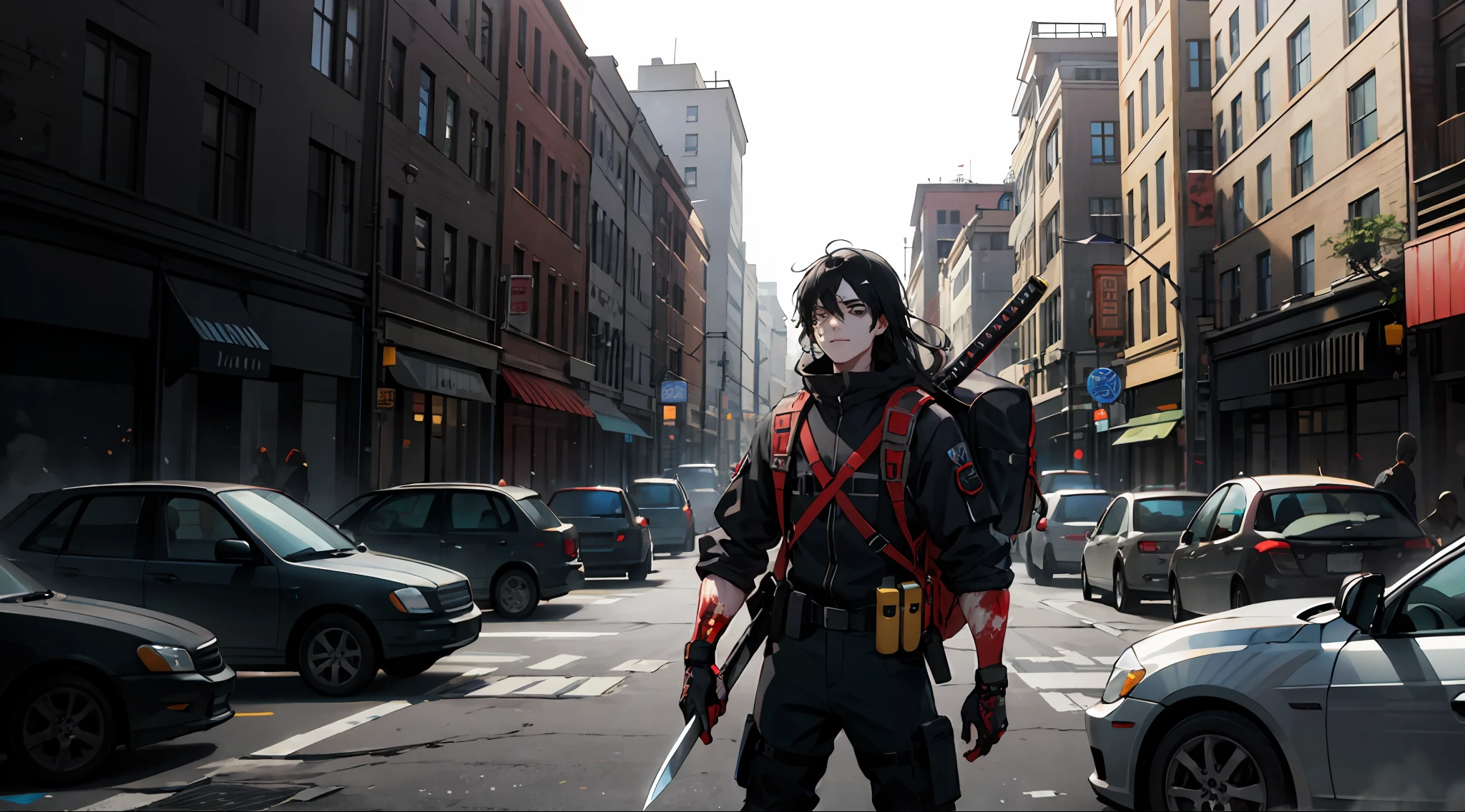 masterpiece, top quality, best quality, official art, beautiful and aesthetic:1.2), teen man, young man, man of 16, extreme detailed,(fractal art:1.3),colorful,highest detailed, black hair, long hair, wavy hair, black eyes, big city, destroyed city, zombies around, katana in hand, backpack, wind, protective clothing, apocalypse, zombie apocalypse, scratches on face