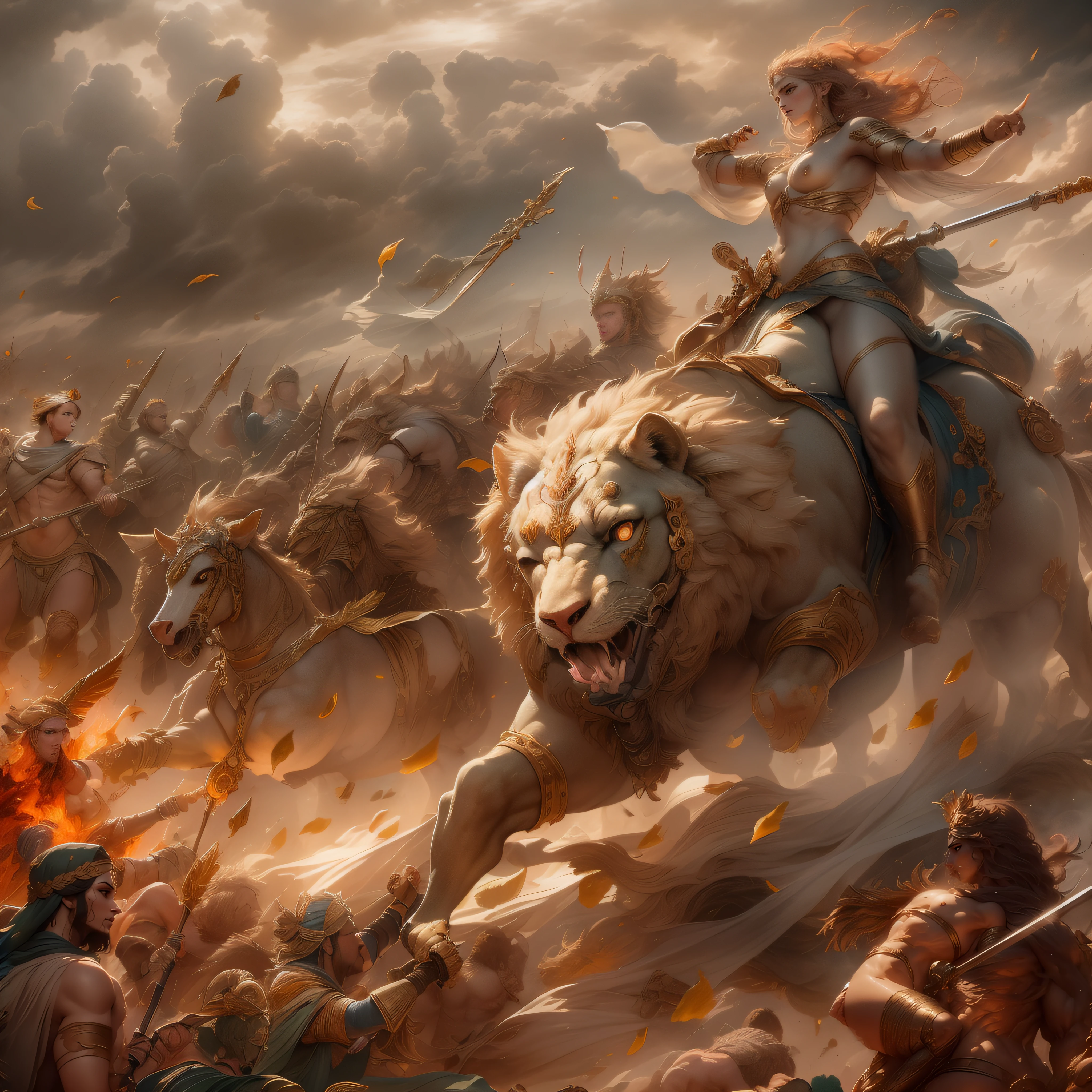 women Riding an giant lion, a mature female, many soldiers outside, male muscle, full body, stand, cinematic screen, ethereal, detailed, alluring succubus, ethereal beauty, perched on a cloud, (fantasy illustration:1.3), enchanting gaze, captivating pose, otherworldly charm, mystical sky, soft colors, (detailed cloudscape:1.3), (high-resolution:1.2), ((masterpiece)), (best quality), HDR, ((masterpiece)), (best quality), HDR, FEMME, Mirela Anton art Style, artistic, Soft color palette, windblown flowers, Sparkle, magical photography, Soft smooth lighting, Light background,[light smile], expressionless, On a vain this grand ancient battlefield, the ancient army engaged in intense combat with war chariots rushing forward and ancient warriors wielding swords and engaging in fierce battles. Blood splattered, weapons and armor were broken, and battle flags fluttered in the wind, symbolizing victory and glory. The war chariots charged forward, causing the ground to shake and metal sounds to ring out like thunder, stirring the enthusiasm of the warriors. The entire battlefield was filled with swords, blood, and flesh flying around. The warriors fought with all their might, exchanging their lives and blood for the victory of this war. The dust and smoke on the ground spread, and with each sword and explosion, the entire battlefield became even more majestic. However, the cost of the war was tragic, with countless soldiers falling on the battlefield, and their sacrifice was etched into the glorious history of the nation. hdr, (photorealism, masterpiece quality, best quality),