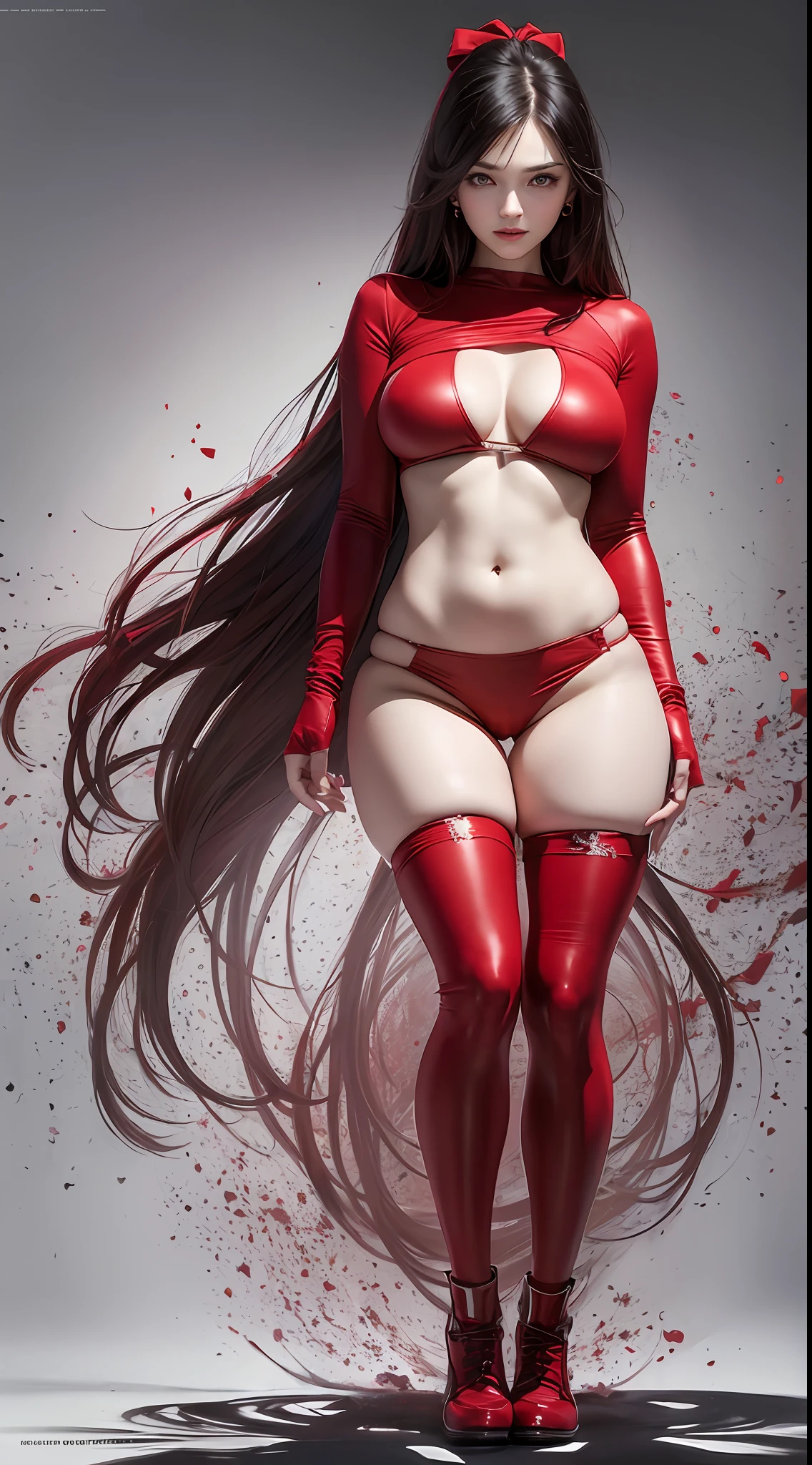 (((red clothes))), high art, solo, a girl, full body, beautiful, cool, sagging breasts, simple background