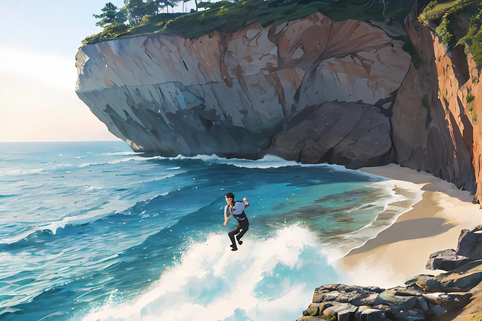 A handsome guy,On the edge of the cliff,Jump out to sea,The expression is decisive,Unwillingly