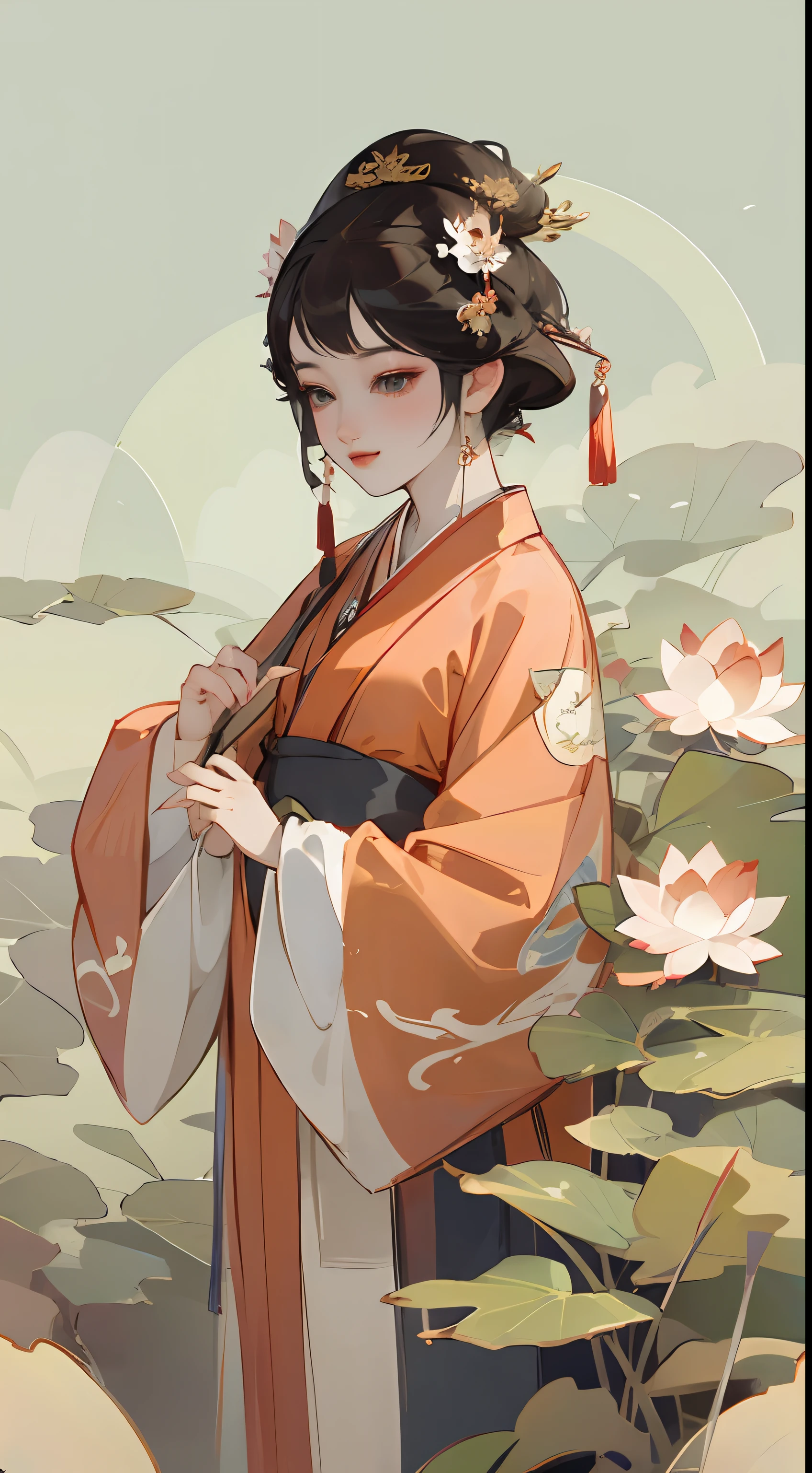 夏天,Lotus foreground,Lotus leaf foreground,Dragonflies land on lotuses,Willow background,China-style,hanfugirl。Flower headdress, --auto