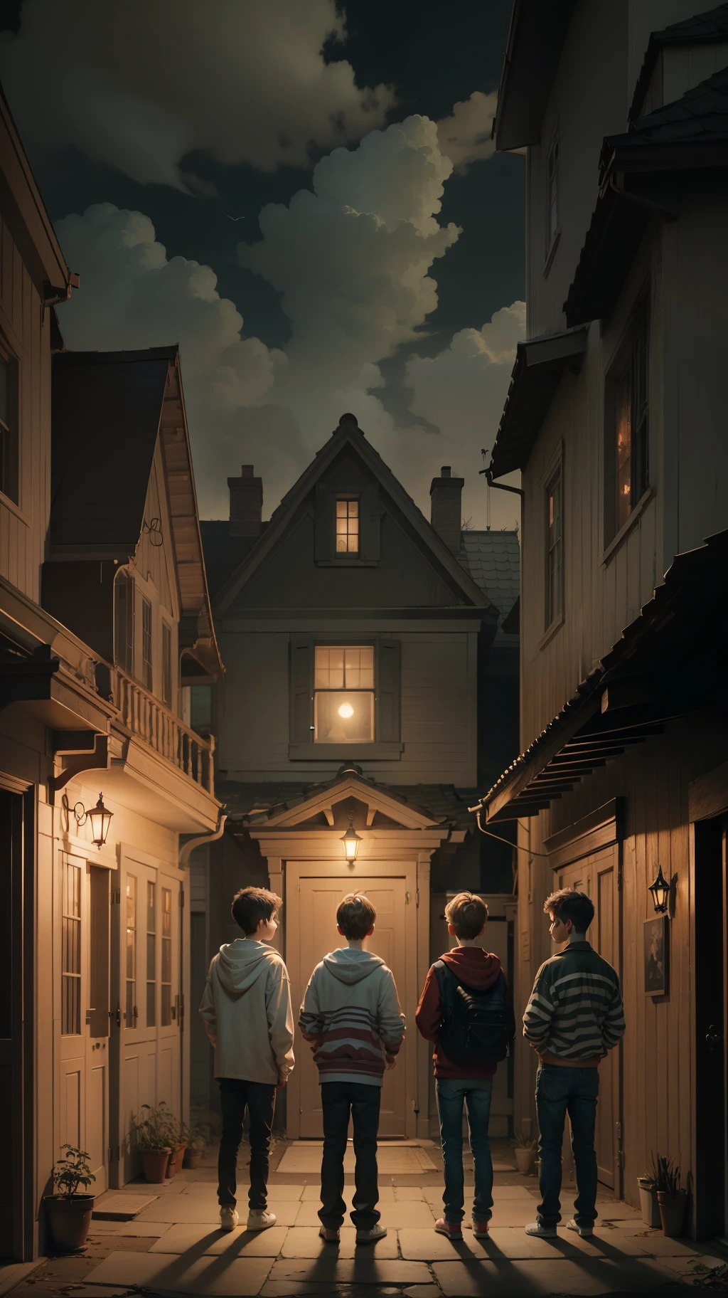 Five boys, standing in front of a haunted house, looking at the house, shockingly.