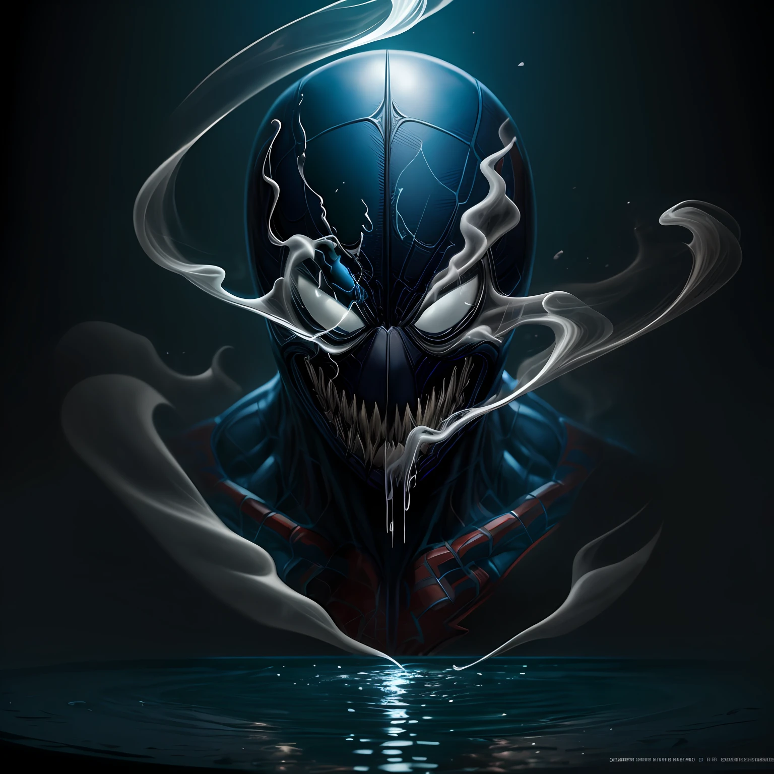 close up, Venom Spider-Man from Marvel Comics, Ghost, Dark, gotik, 3d, Ultra Detailed, blue transparent smoke around, realistic style, Old Night Pond, full - body,