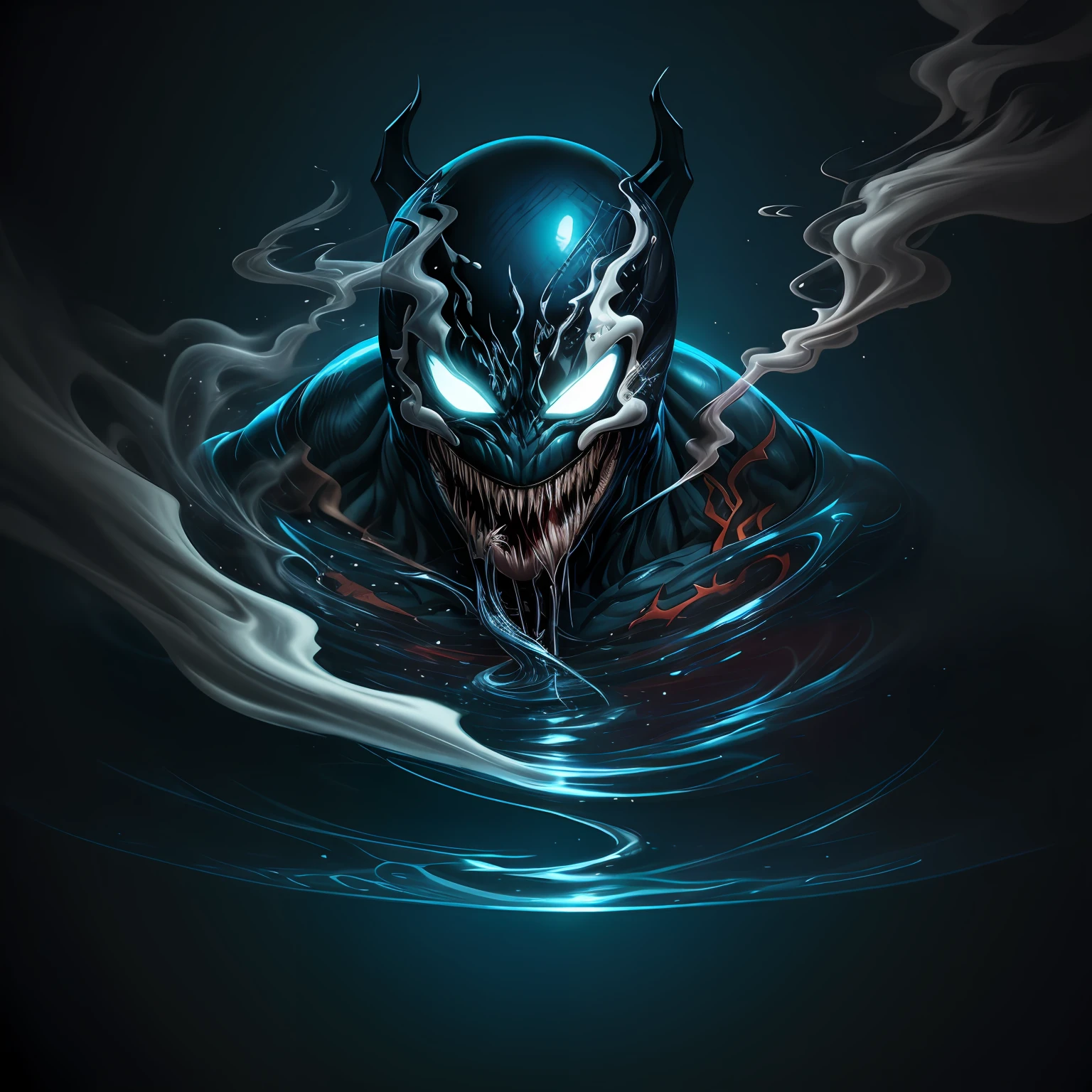 close up, Venom Росомаха из Marvel Comics, Ghost, Dark, gotik, 3d, Ultra Detailed, blue transparent smoke around, realistic style, Old Night Pond, full - body,