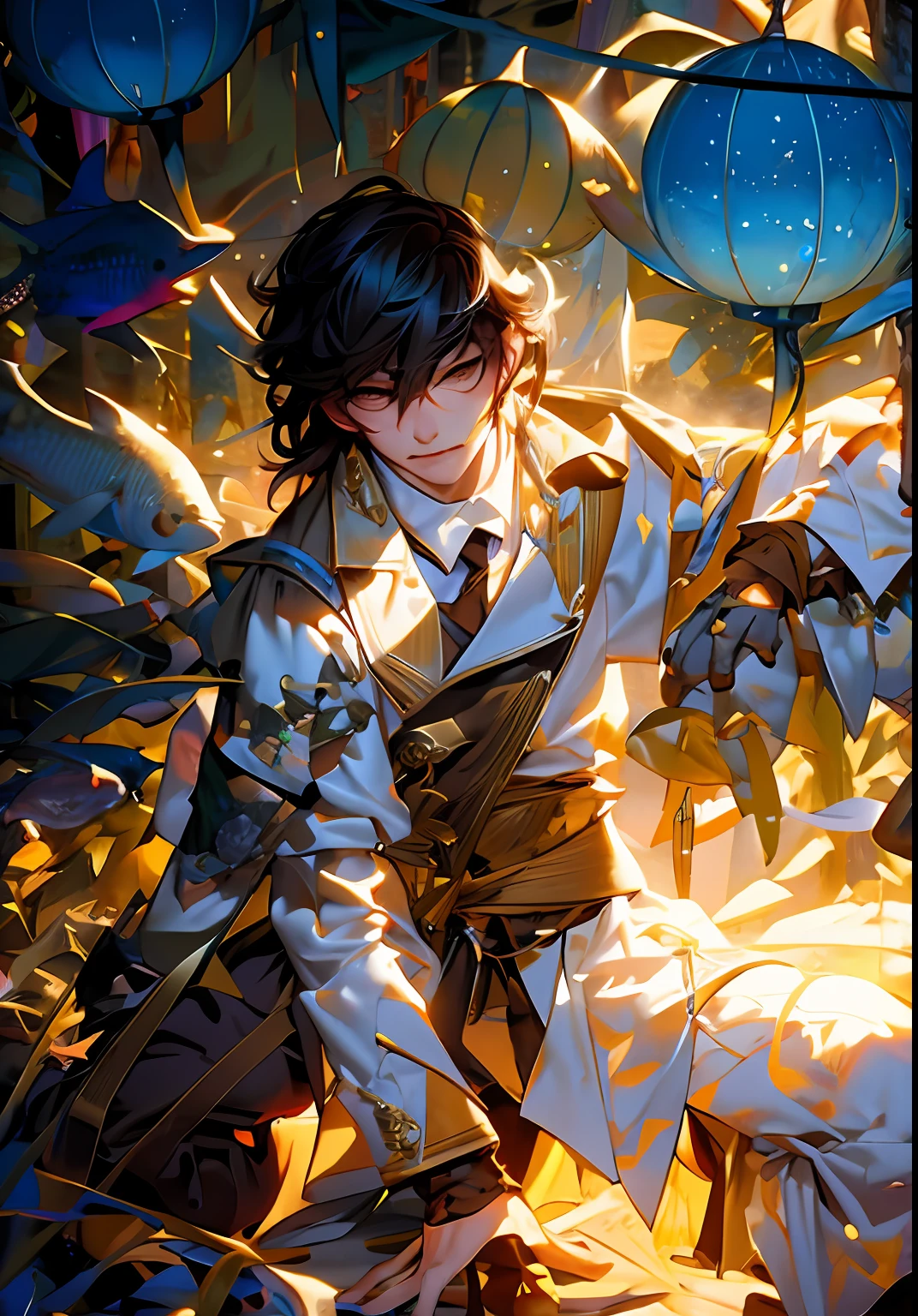 anime - style illustration of a man kneeling on a ledge with fish in the background, inspired by Yanjun Cheng, artwork in the style of guweiz, delicate androgynous prince, makoto shinkai cyril rolando, inspired by Yanagawa Nobusada, loish |, digital anime illustration, in the art style of bowater, 4 k manga wallpaper,masterpiece, best quality, (extremely detailed CG unity 8k wallpaper), (best quality), (best illustration), (best shadow), absurdres, realistic lighting, (Abyss), beautiful detailed glow