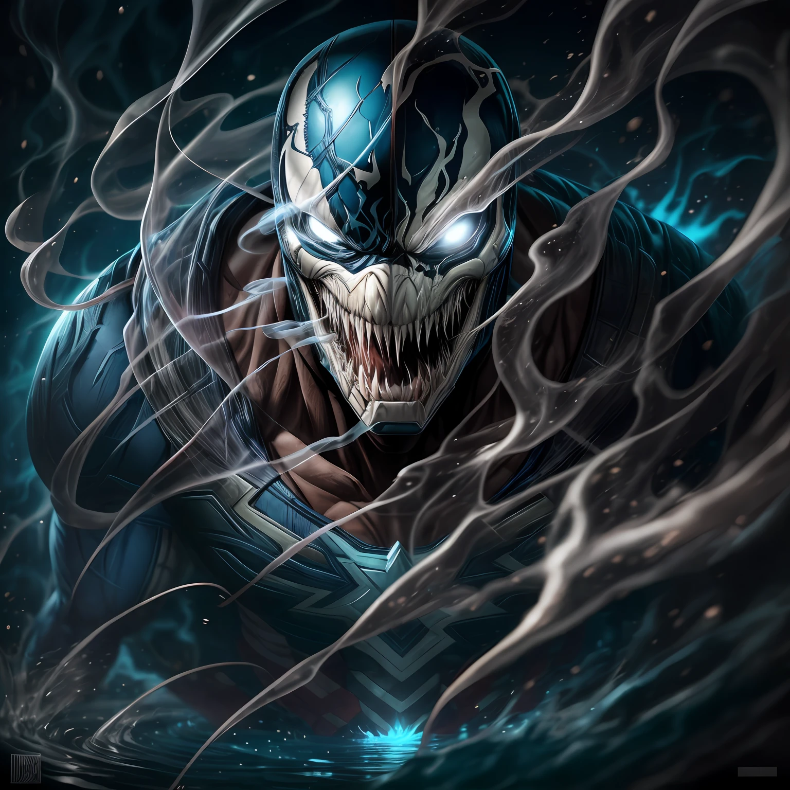 close up, Venom Captain America from Marvel Comics, Ghost, Dark, gotik, 3d, Ultra Detailed, blue transparent smoke around, realistic style, Old Night Pond, full - body,