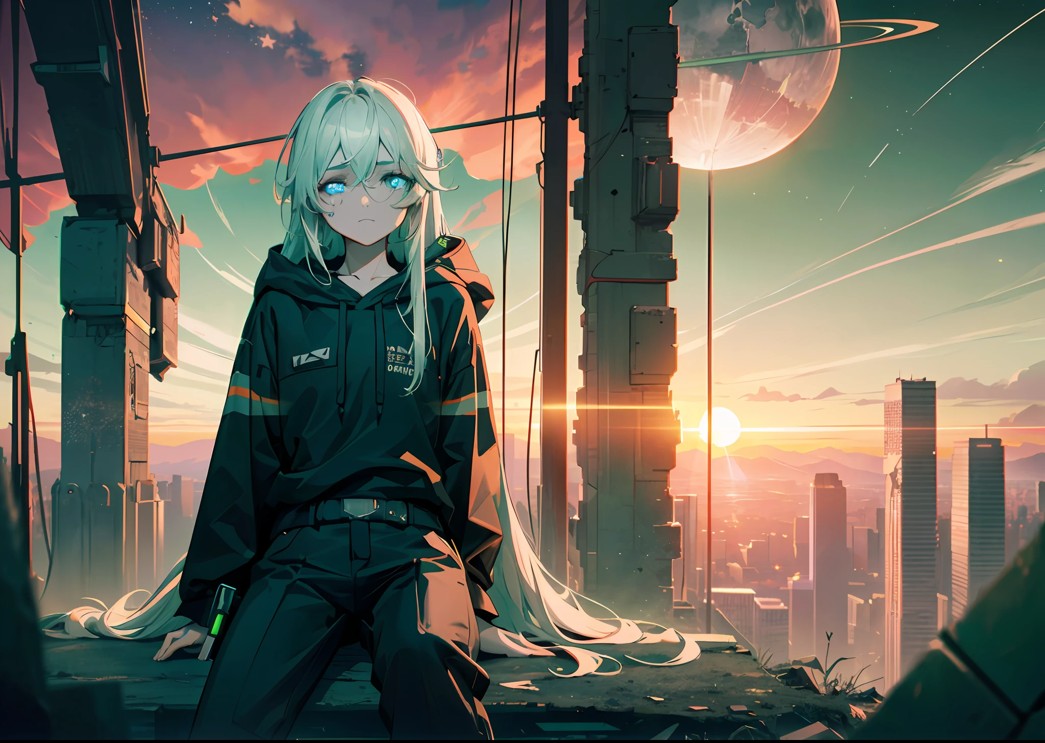 Smoke, (war:1.5), postapocalypse, ((Planets in the sky, stars in thr sky)), ((Dark green sunset:1.3)), (Green sky:1.2), green light, The ruined backdrop of the city, ((spaceship in the sky)), science-fiction, (shapely body: 1.4), a 1girl, sitting on the rubble of a building, (Long white hair:1.4), (blue eyes:1.2), (Detailed eyes and face:1.5), Black pants, black big sweatshirt, hood, Cyberpunk clothes, (clothes in black and white colors), black cloak, city   of the future, Sad look, (bruises under the eyes, calm face:1.3), Destroyed skyscrapers, Wire, HDR (High Dynamic Range), ray traced, NVIDIA RTX, Over-resolution, Unreal 5, sub-surface Scattering, текстурирование PBR, postprocessed, Anisotropic filtering, Depth of field, Maximum clarity and sharpness, Multi-layer Textures, Albedo and specular maps, Surface shading,  Accurate Light-Material Interaction Simulation, Octane rendering, duotone lighting, Low ISO, White balance, the rule of thirds, Wide aperture, 8K RAW, efficient sub-pixel, sub-pixel convolution, (luminescent particles: 1.4), {{tmasterpiece, beste-Qualit, extremely detailed CGI, Unity 8k壁纸, 3d, 电影灯光, lens flares}},