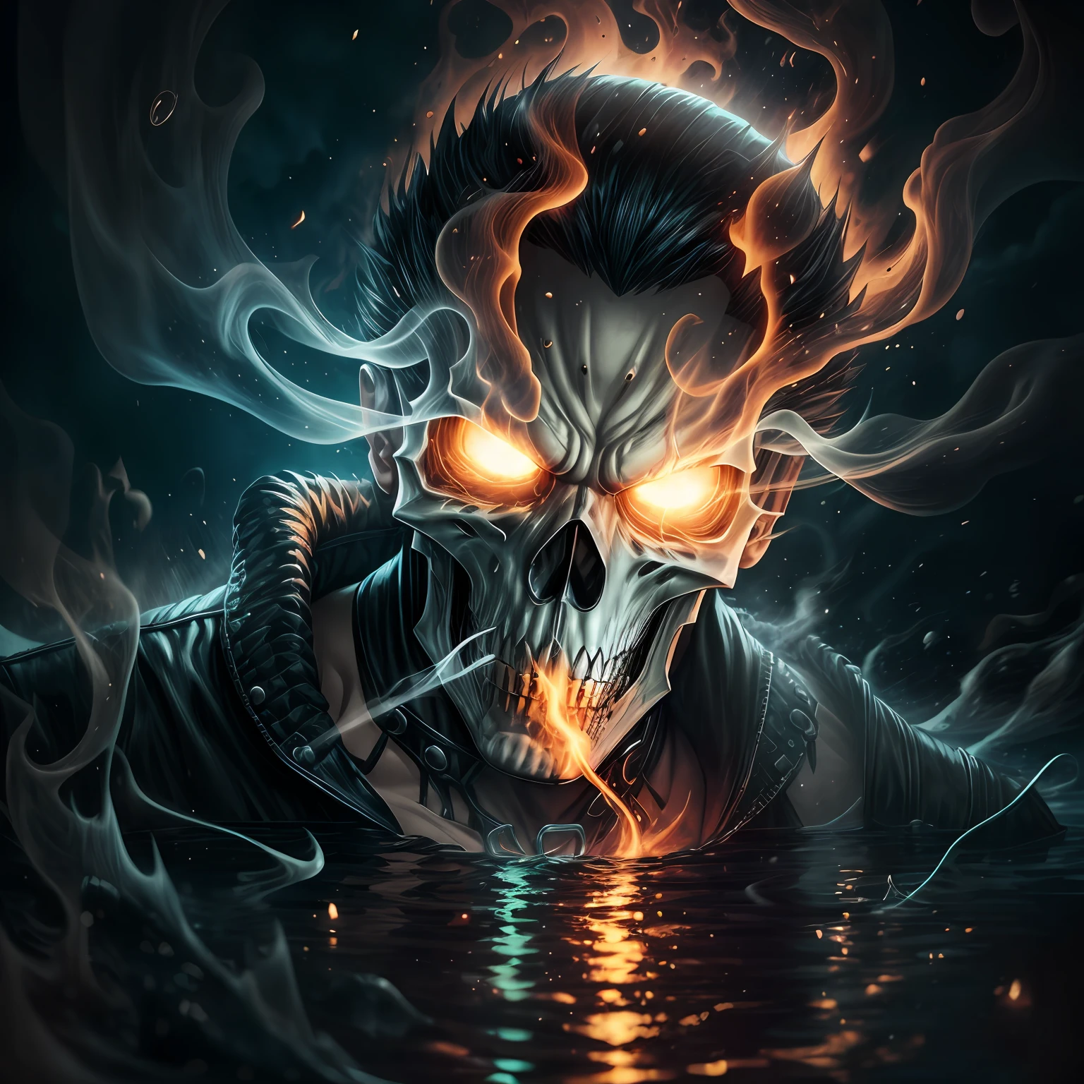 close up, Ghost Rider from Marvel Comics, Ghost, Dark, gotik, 3d, Ultra Detailed, blue transparent smoke around, realistic style, Old Night Pond, full - body,