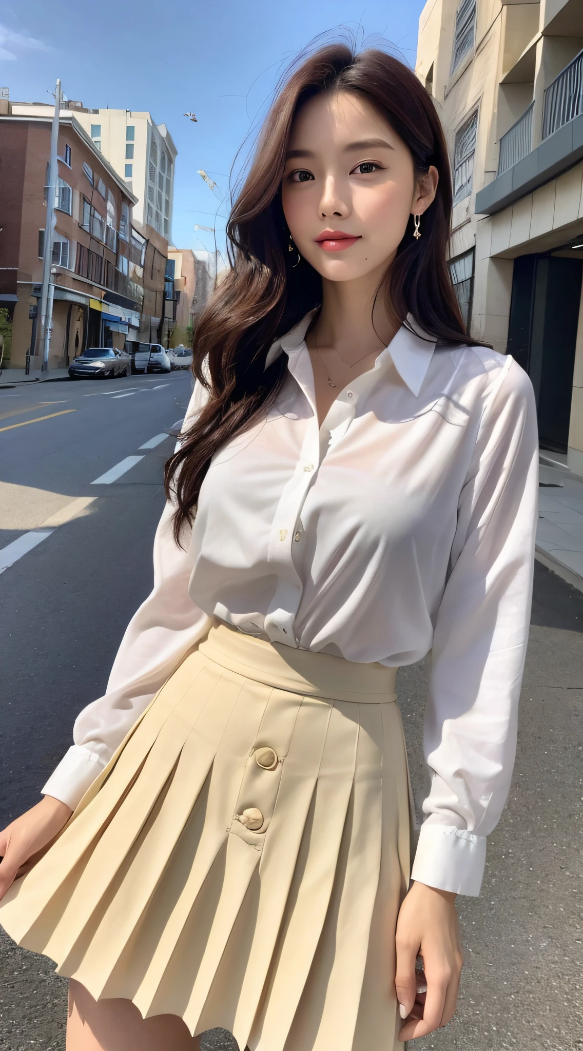 (best qualtiy,A high resolution,tmasterpiece:1.3),A tall and beautiful woman,Slender abs,Dark brown hair in loose wavy styling,nedium breasts,white button-down blouse,a black pleated skirt,(Modern architecture in background),The details in the facial and skin textures are beautifully rendered,Detailed eyes,二重まぶた,Natural eyes,ssmile