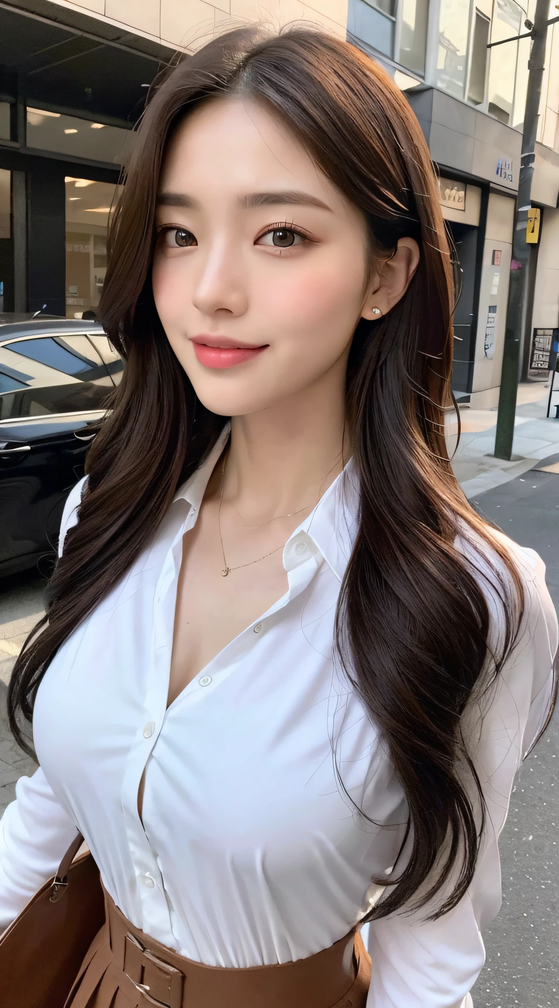 (best qualtiy,A high resolution,tmasterpiece:1.3),A tall and beautiful woman,Slender abs,Dark brown hair in loose wavy styling,nedium breasts,white button-down blouse,a black pleated skirt,(Modern architecture in background),The details in the facial and skin textures are beautifully rendered,Detailed eyes,二重まぶた,Natural eyes,ssmile