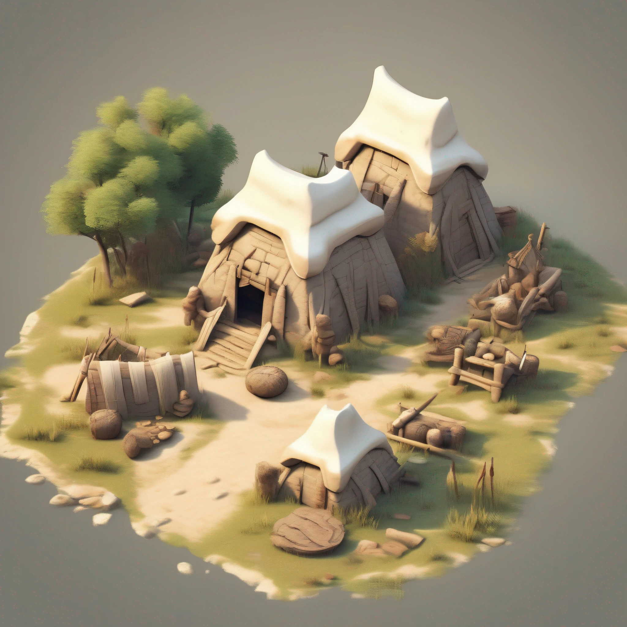 Primitive tribal architectural design，Realisticstyle， Game architectural design，（Ivory decoration，farms，field，wheat），（Primitive barbarian style），white backgrounid，Stone Age，Primordial period，Realistic photos，low poly， best detail， tmasterpiece， best qualtiy， toon rendering， 8K