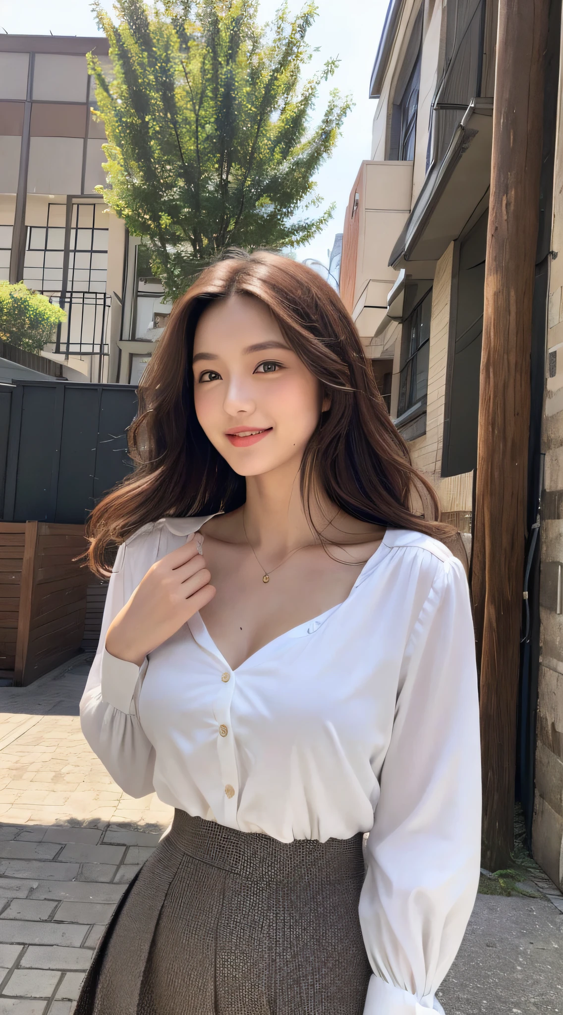 (best qualtiy,A high resolution,tmasterpiece:1.3),A tall and beautiful woman,Slender abs,Dark brown hair in loose wavy styling,nedium breasts,white button-down blouse,a black pleated skirt,(Modern architecture in background),The details in the facial and skin textures are beautifully rendered,Detailed eyes,二重まぶた,Natural eyes,ssmile