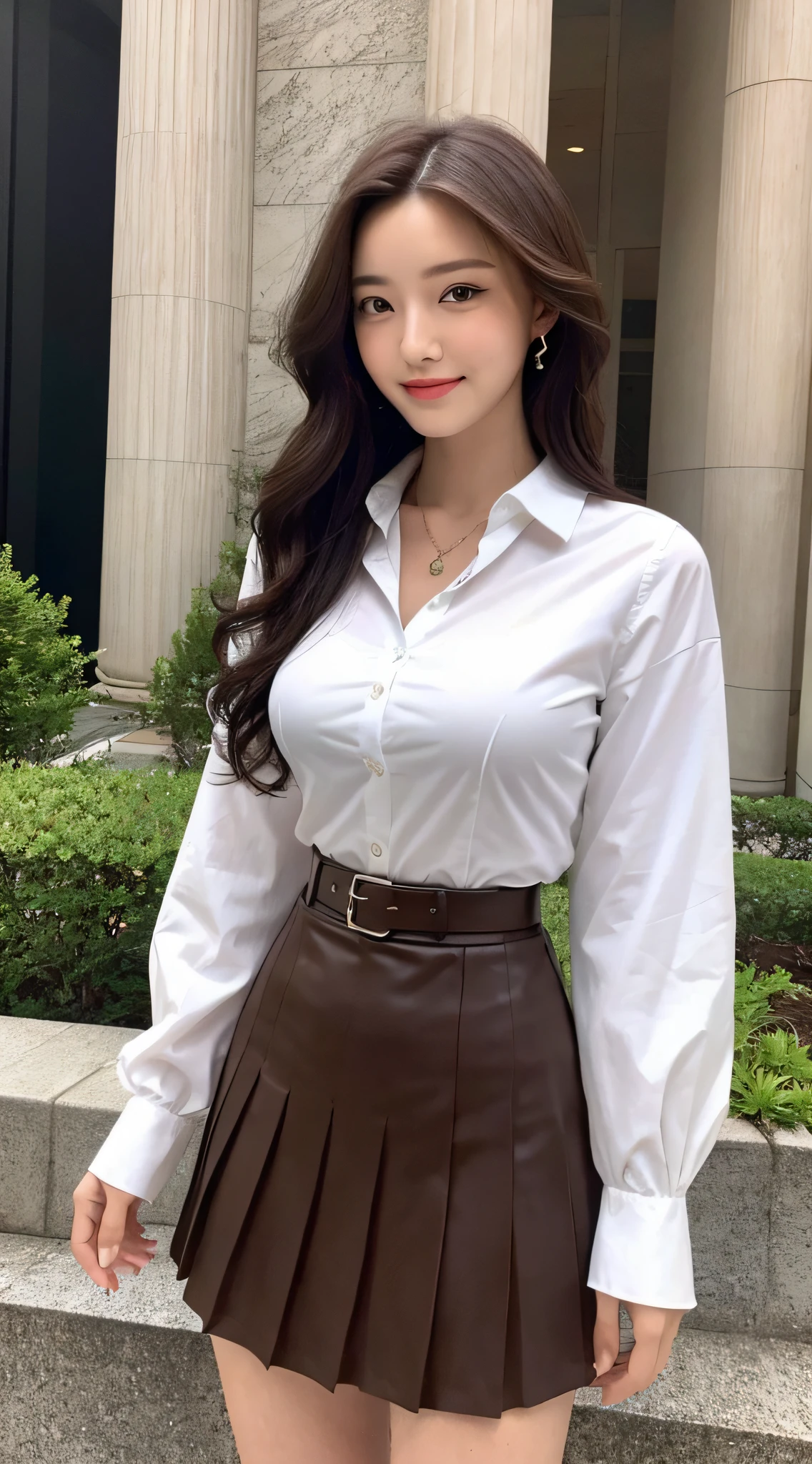 (best qualtiy,A high resolution,tmasterpiece:1.3),A tall and beautiful woman,Slender abs,Dark brown hair in loose wavy styling,nedium breasts,white button-down blouse,a black pleated skirt,(Modern architecture in background),The details in the facial and skin textures are beautifully rendered,Detailed eyes,二重まぶた,Natural eyes,ssmile