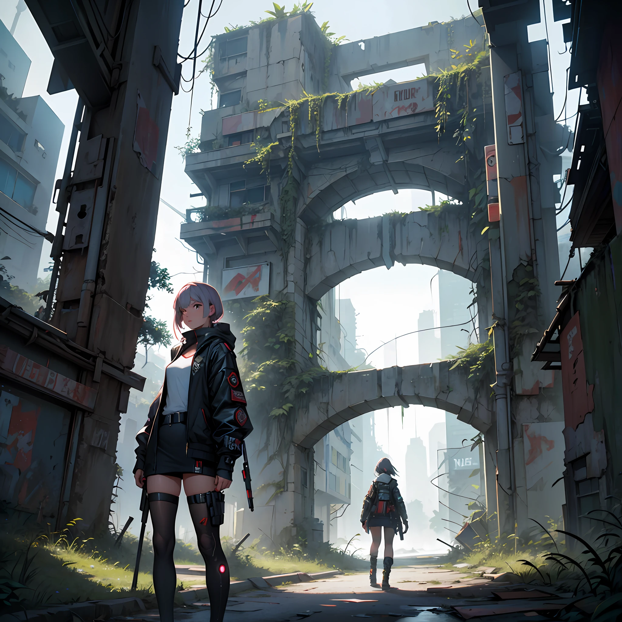 Girl in cyberpunk clothes against the backdrop of a ruined city, overgrown with grass and trees. --auto