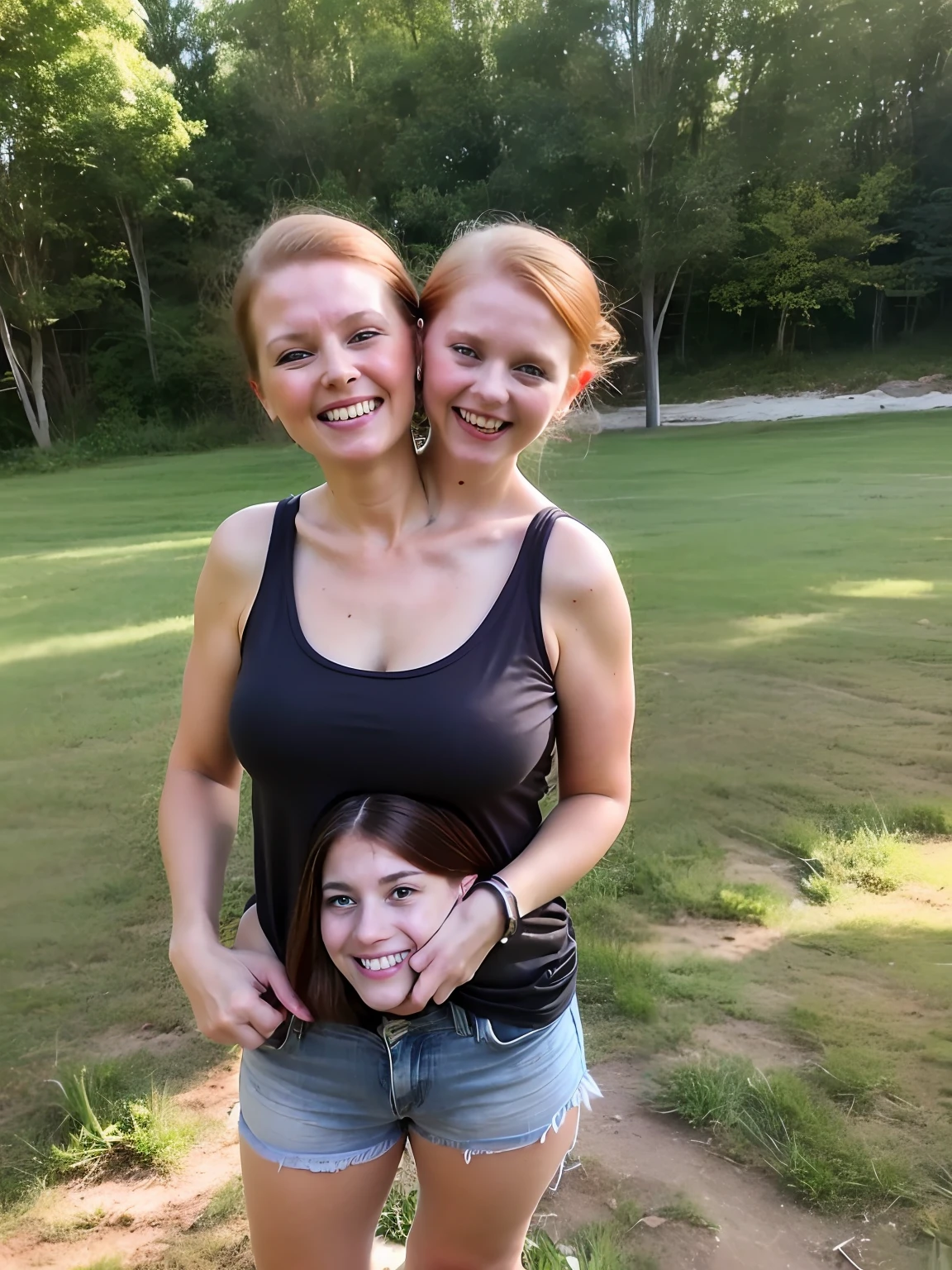 2heads, two headed girl, (mom and daughter:1.5), (one torso:1.5), (female:1.5), (redhead:1.4), (teenager:1.4), (caucasian:1.5), (two heads on one body:1.4), conjoined twins, heads side by side, one torso, young, uncomfortable, barefoot