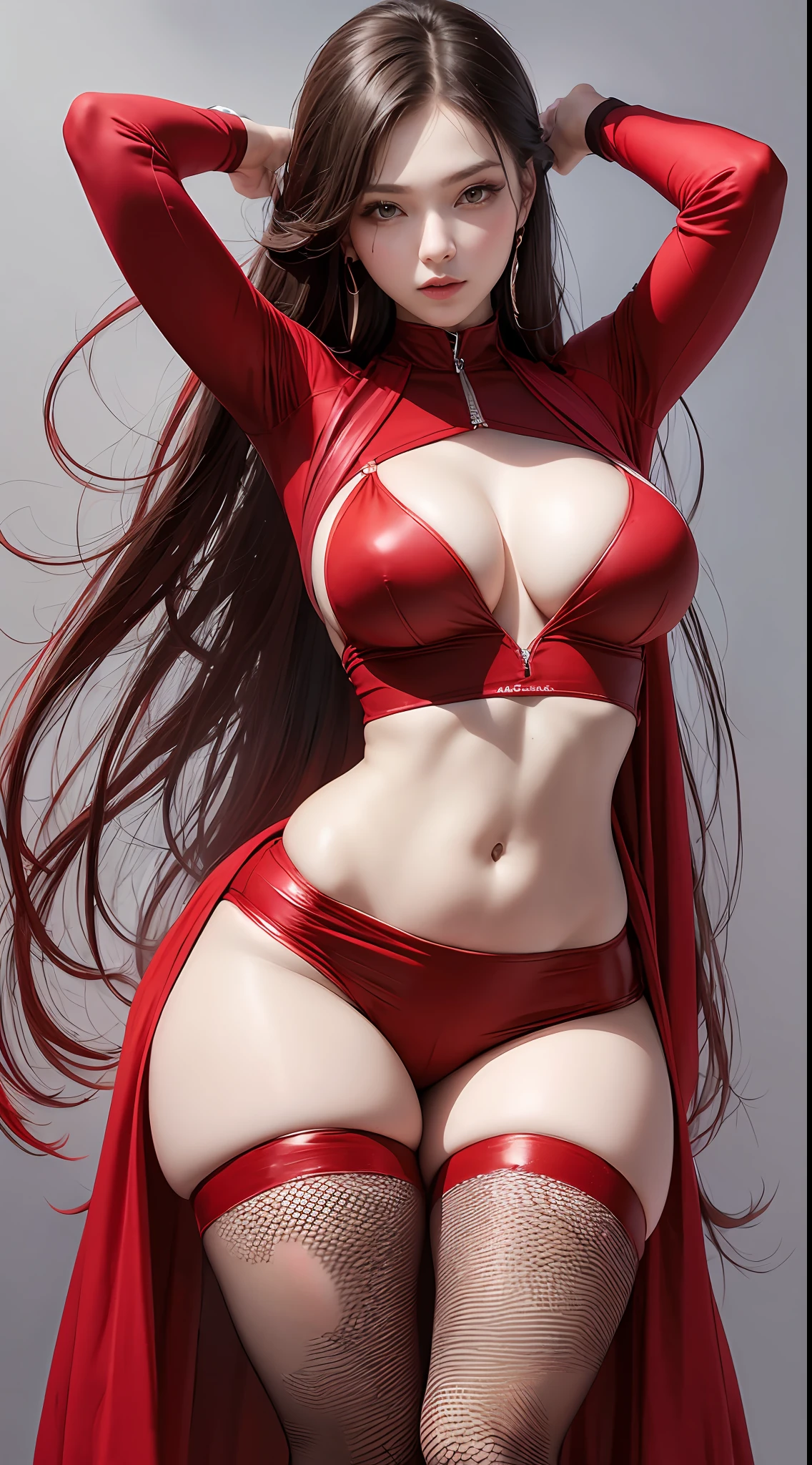 (((red clothes))), high art, solo, a girl, full body, beautiful, cool, sagging breasts, simple background
