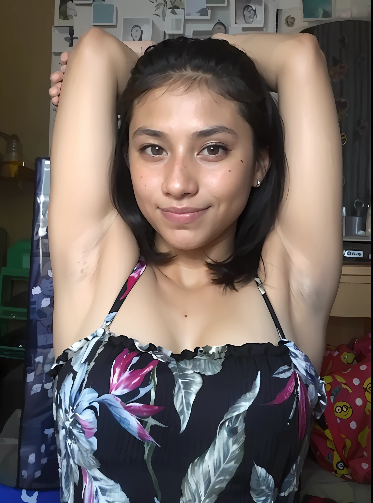 there is a woman that is posing for a picture in a room, armpit, indian girl with brown skin, she is about 16 years old, hairy arms, with arms up, flat chested, pretty face with arms and legs, posing in a bedroom, sexy girl with dark complexion, she is about 20 years old
