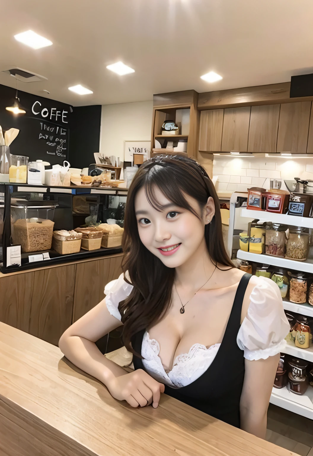 Concept Cafe, (1girl in)Big Cast Costumes,You can see the cleavage of the maid clothes。Best Quality, cafes,Serving customers with a smile over the counter
