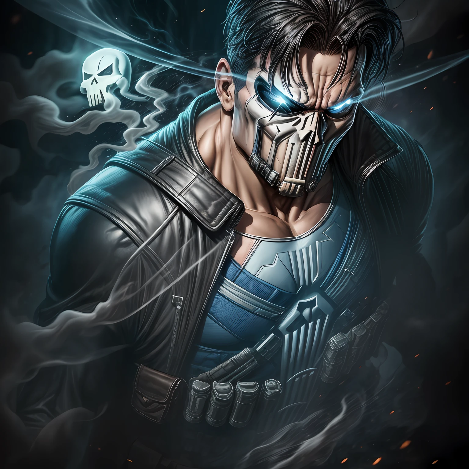 close up, The Punisher from Marvel Comics, Ghost, Dark, gotik, 3d, Ultra Detailed, blue transparent smoke around, realistic style, Old Night Pond, full - body,