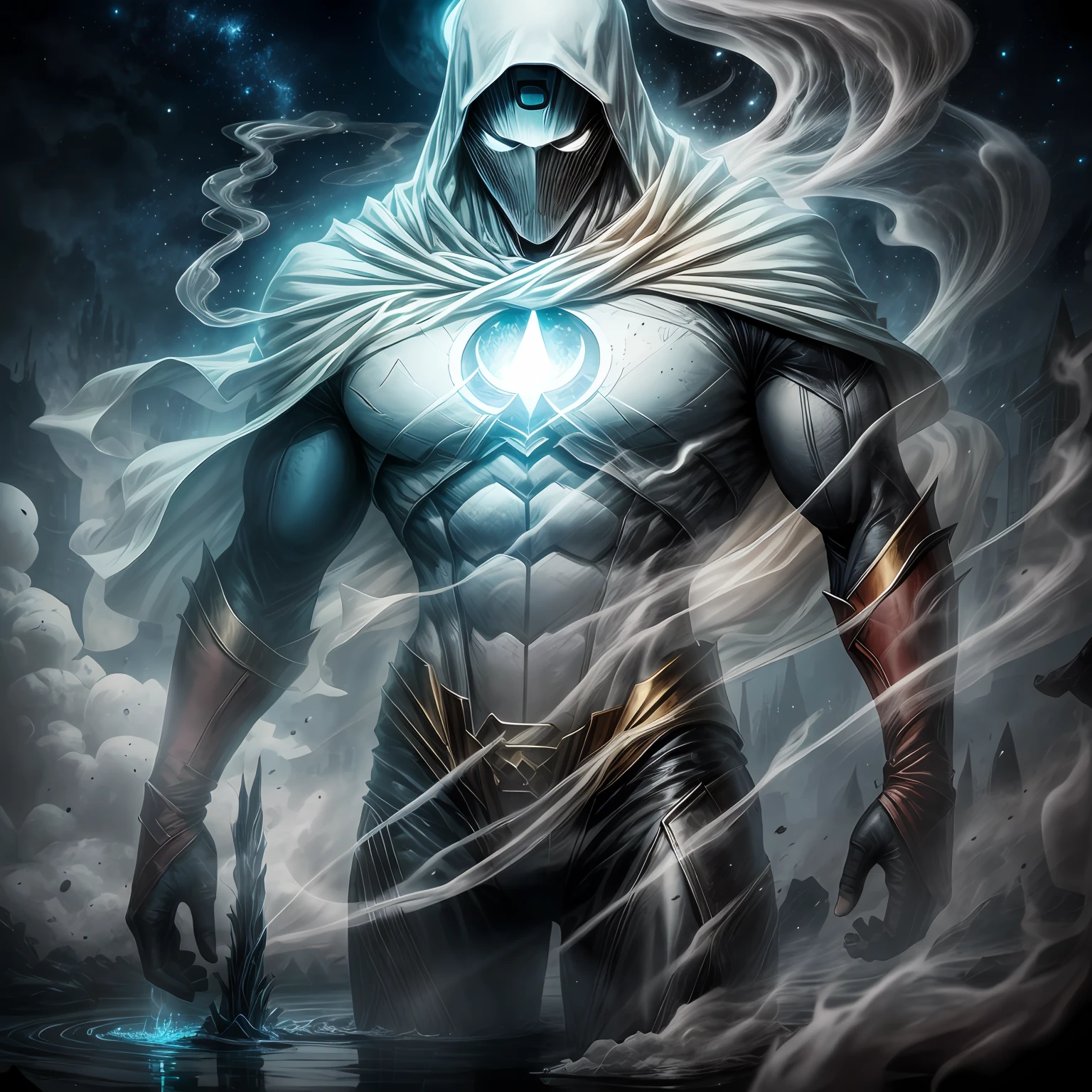 close up, Moon Knight from Marvel Comics, Ghost, Dark, gotik, 3d, Ultra Detailed, blue transparent smoke around, realistic style, Old Night Pond, full - body,