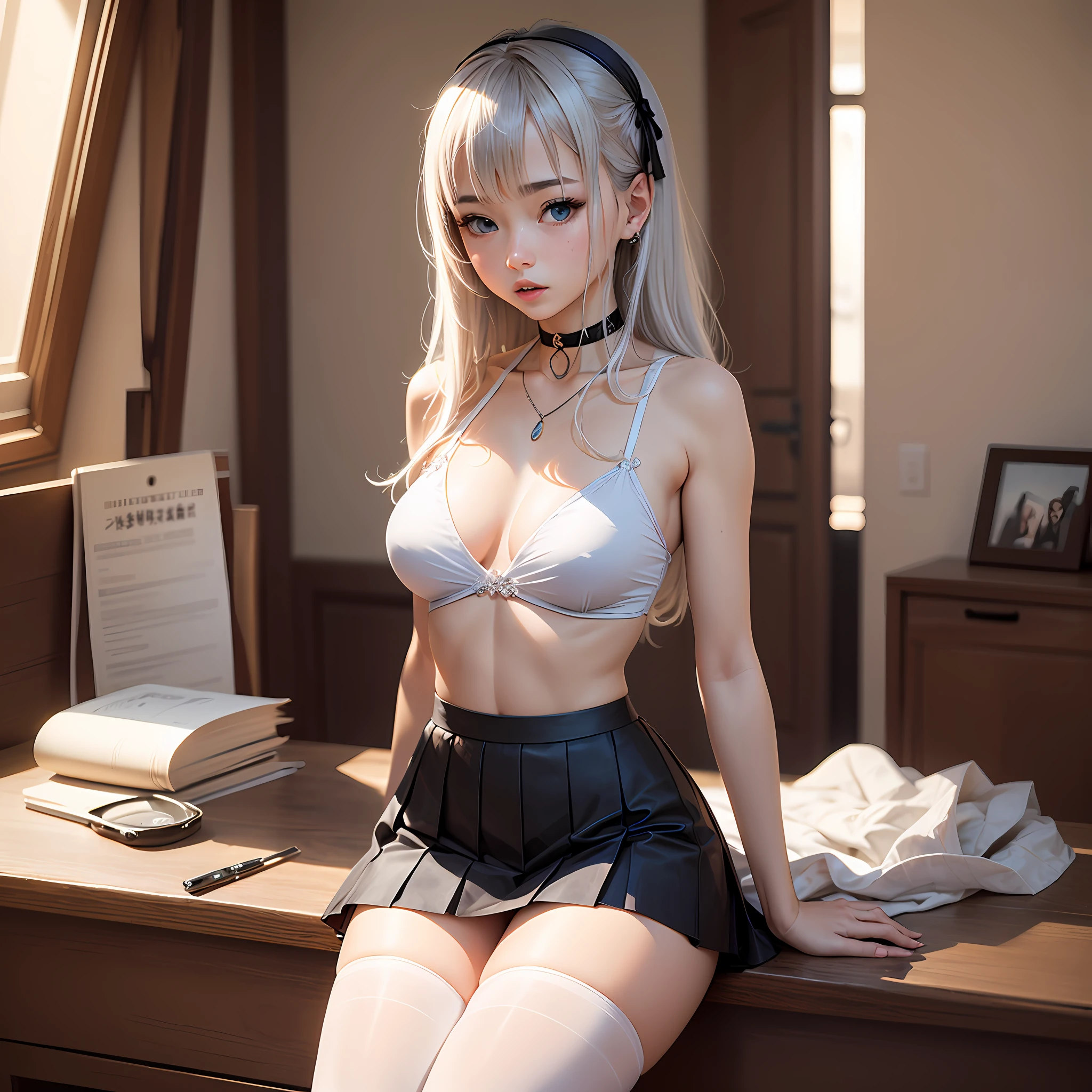 ​masterpiece、 top-quality、 The best lighting,、、1　girl with、 blue eyess,、length hair、 Glittering dresses、Chest exposure、white  hair、 Black skirt、The appearance of the girl、 Anatomically correct body、Gorgeous hair ornaments,、Gray Hair Band、 White pantyhose、 a choker、 middlebreast、Social world、(skirt by the (Takushiage: 1.4)、panties on: 1.3) --auto
