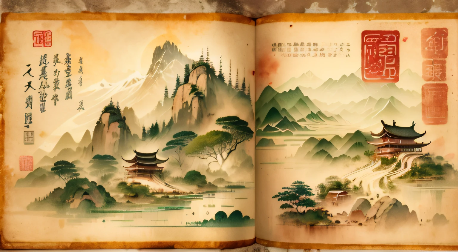 A page with text in an illustrated book:of books, 3D of Chinese landscapes,Lack of paper,book,Antique scrolls,Worn-out treasure map,Wang Xizhi's calligraphy,Red Seal - Version 5.2--Stylized 350--Quality 2--Stvleraw,National style series