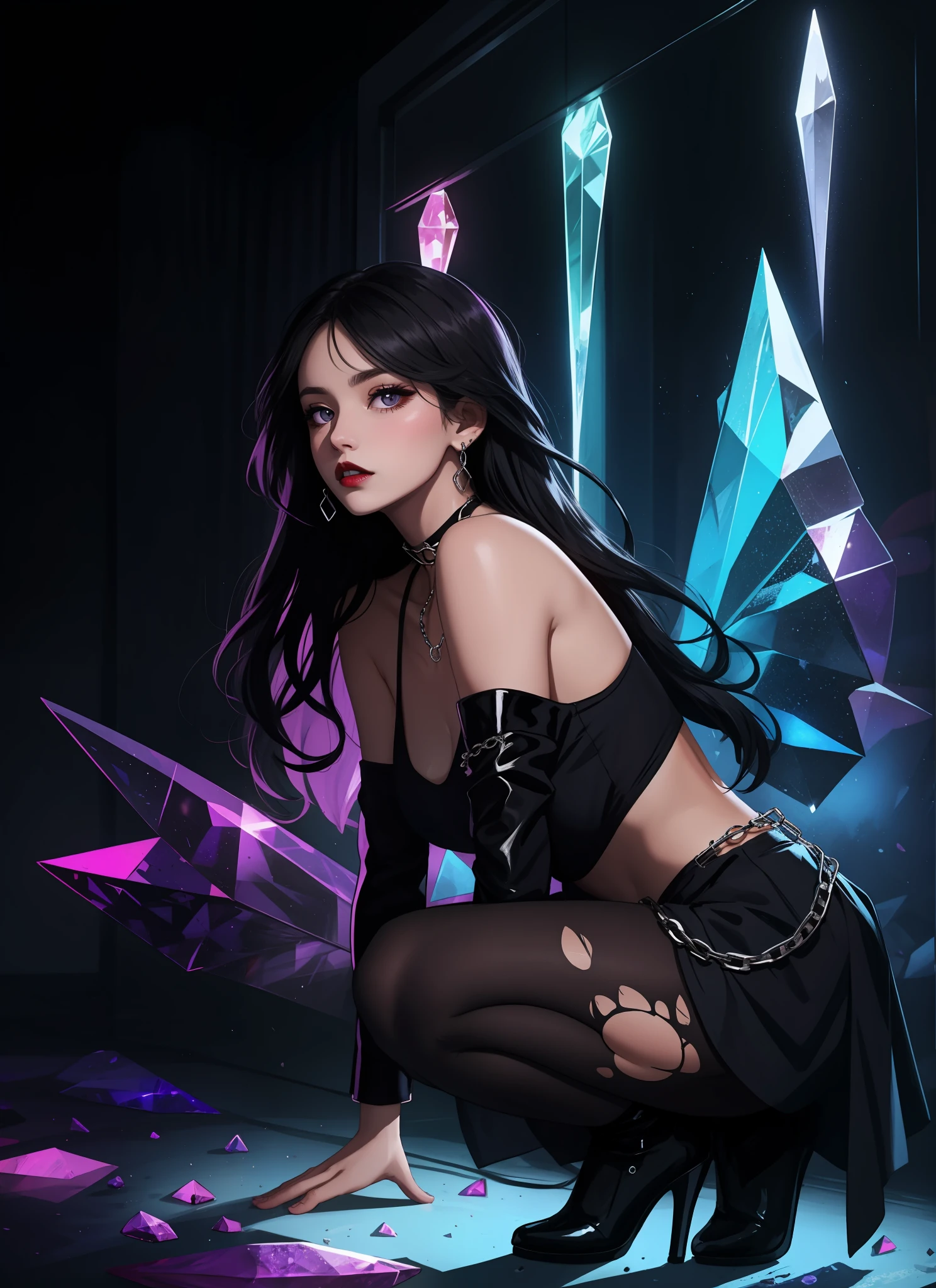 Model: long wavy black hair, full dark lips, Smoky eyes, BREAK, Setting: Room with black light, Broken glass, Crystals of the spectrum reflect the spectrum, neon lights, BREAK, bodypaint: Polychromatic geometric patterns, Torso cover, Arms and legs, BREAK, Accessories: Chrome-plated chains with torn body, Silver Choker, black feathered white black wings, BREAK, the pose: crouching, The head is tilted upwards, looking forward.