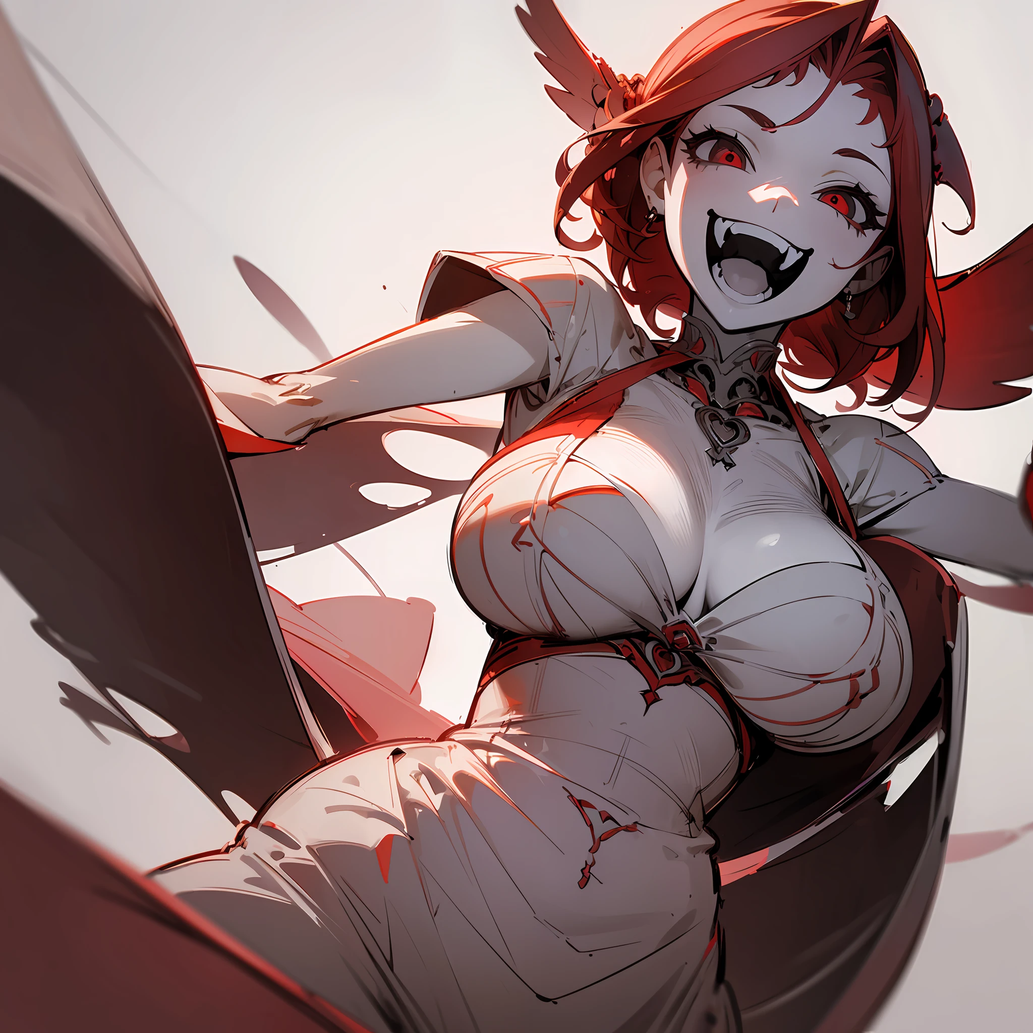 (best quality, masterpiece:1.3), (perfect details:1.1), 1girl, solo, simple background, large breasts,   red hair, AnatomicTech,blood vessels ,  monochrome, sketch, grin,   , fangs,  monster girl, shaded face,