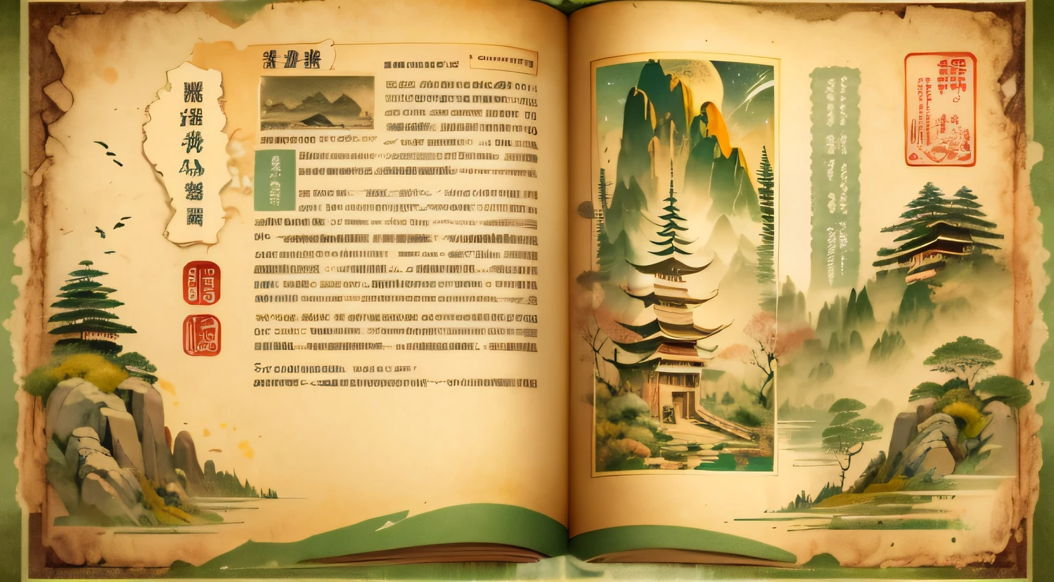 A page with text in an illustrated book:of books, 3D of Chinese landscape,Lack of paper,book,Antique scrolls,Worn-out treasure map - version 5.2--Stylized 350--Quality 2--Stvleraw,National style