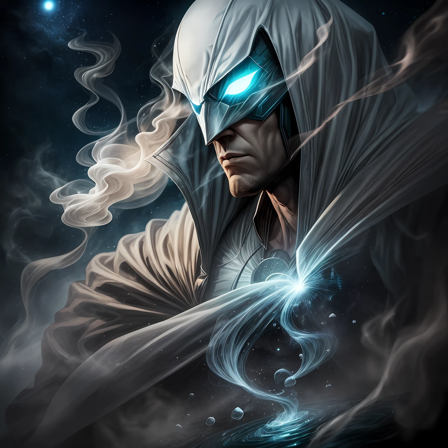close up, Moon Knight from Marvel Comics, Ghost, Dark, gotik, 3d, Ultra Detailed, blue transparent smoke around, realistic style, Old Night Pond, full - body,