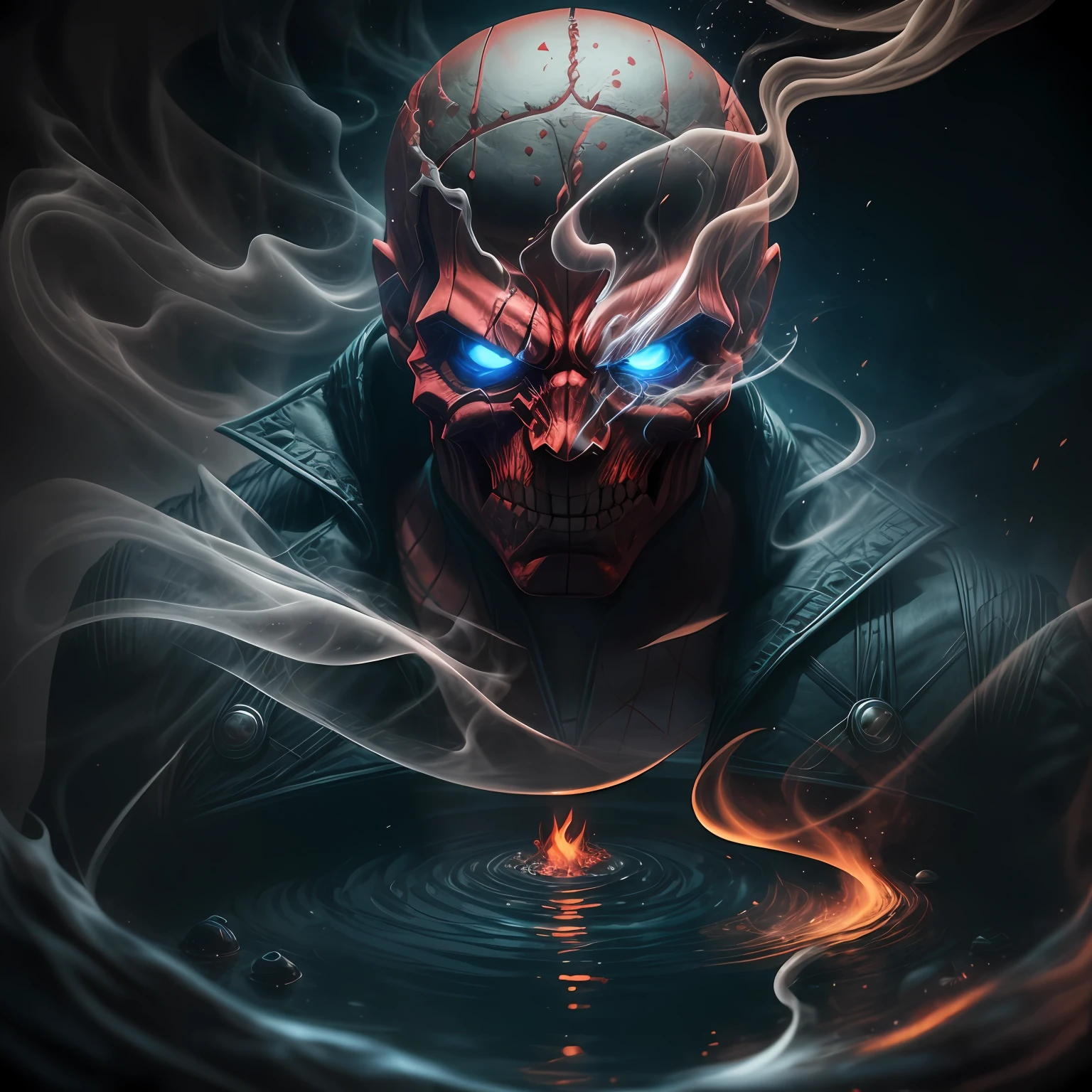 close up, Red Skull from Marvel Comics, Ghost, Dark, gotik, 3d, Ultra Detailed, blue transparent smoke around, realistic style, Old Night Pond, full - body,