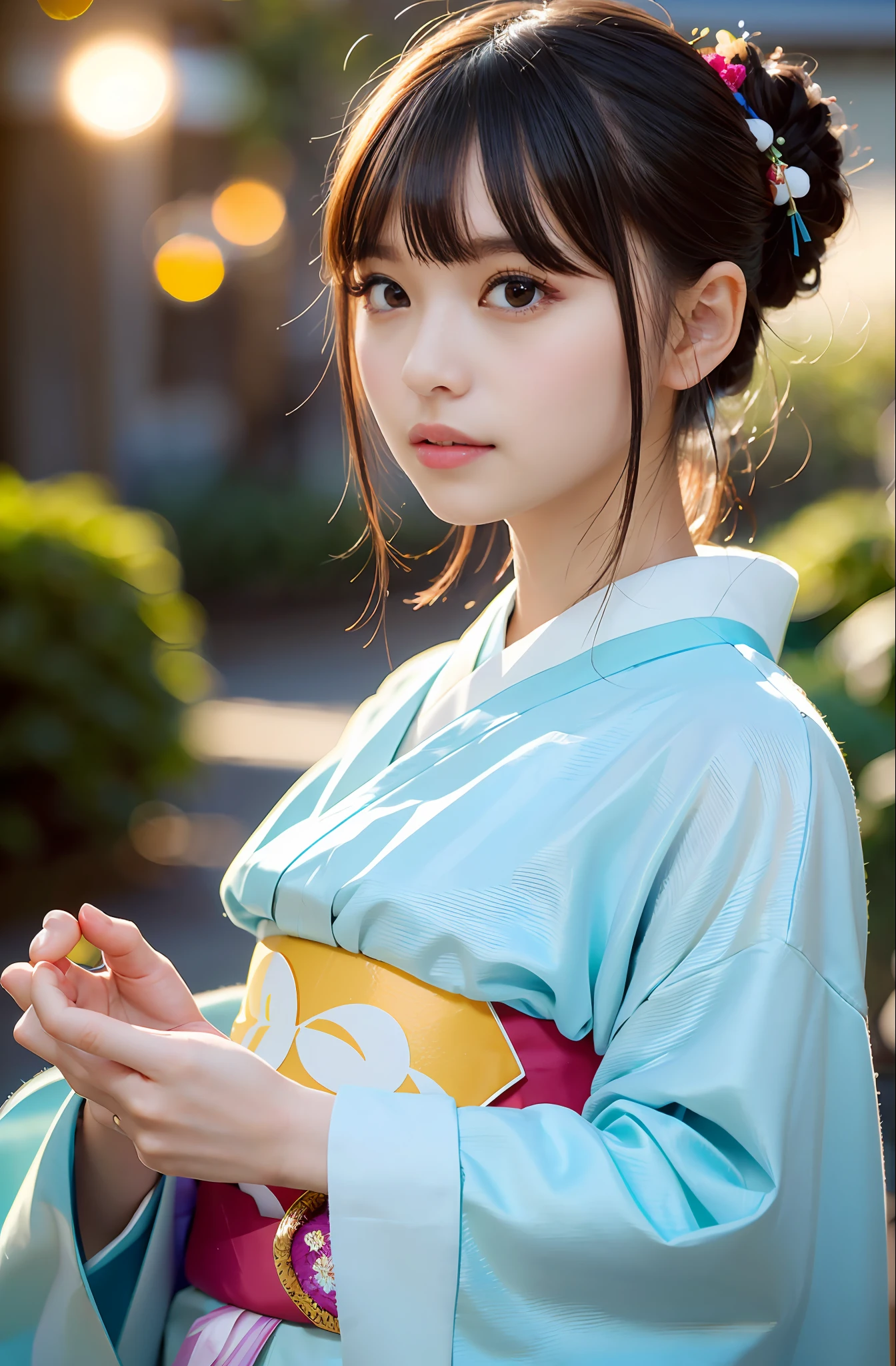 ((((((fully body photo))))))、((((Single eyelid)))),((((Backlight of sunset))))、(((((Thin eyeliner))))),(((((Light blue eyeliner))))),((lensflare))、((Wearing a kimono and being in Japan garden)),((((Super Soft Focus))))、Smiling、((((profile))))、(((looking distantly)))、Twilight、Take a shower、Colorful hydrangea on background、Surrounded by hydrangeas、((The soft sunset is shining on it))、(yinchuan:1.5), ​masterpiece, top-quality, Raw foto, Photorealsitic, faces, beautiful a girl, cute little, shorth hair, (((depth of fields))), hight resolution, ultra-detailliert, finely detail, ighly detailed, Cinematic lighting