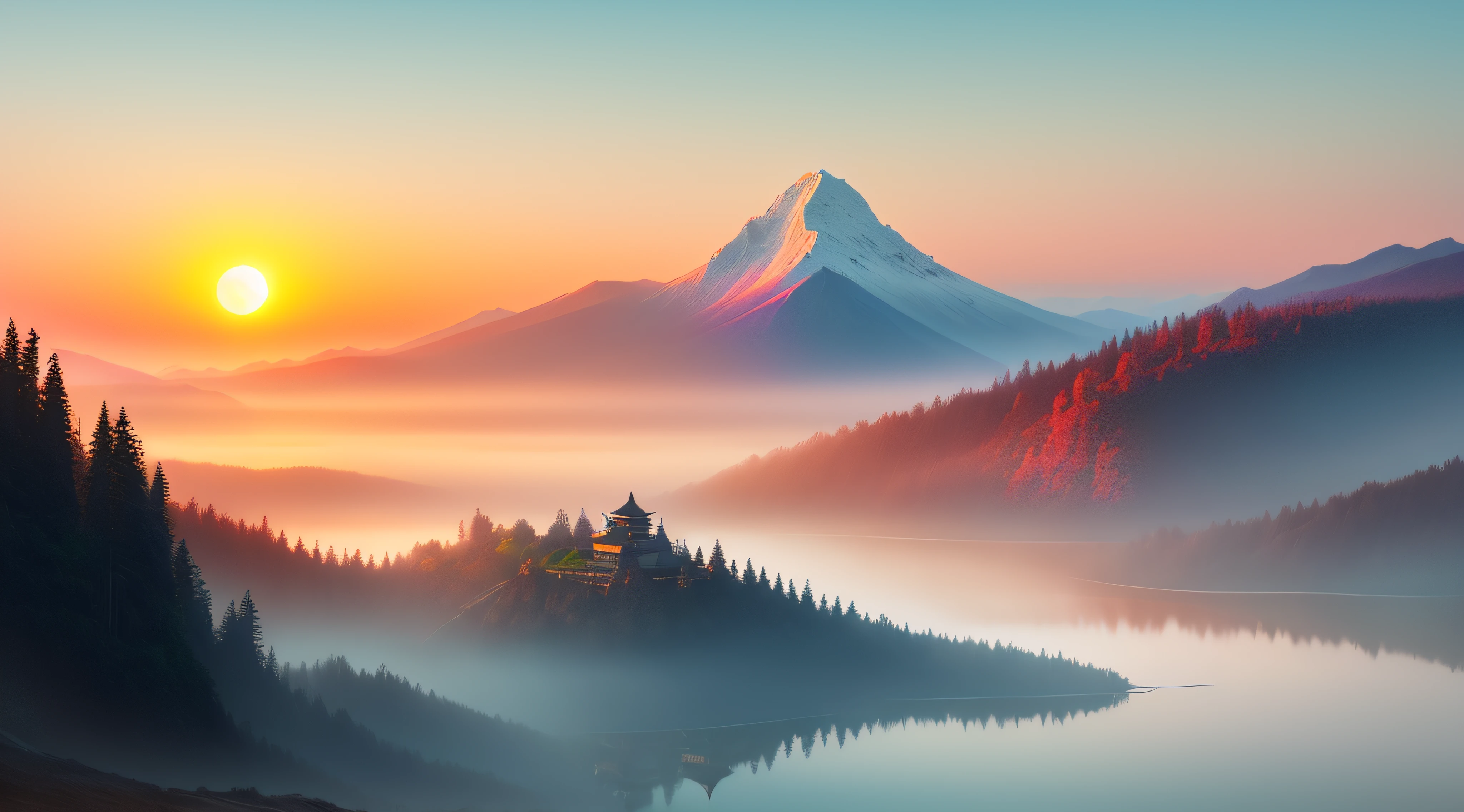 Early morning in the foggy lake，the setting sun，The bird，mistic，China-style，fantasy，Looking down on the distant mountains，Bright colors