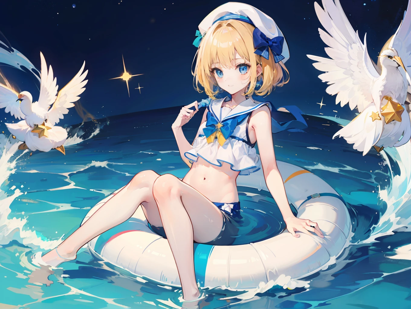 Yellow-haired，white swimwear，eBlue eyes，star accessories，white beret（It has a blue bow on it），nautical mile，starrysky，swimmning，4K